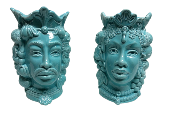 Teste di Moro Afro Frutta Ceramica Caltagirone cm H.18 L.12 Artigianale Celeste - DD CERAMICHE SICILIANE