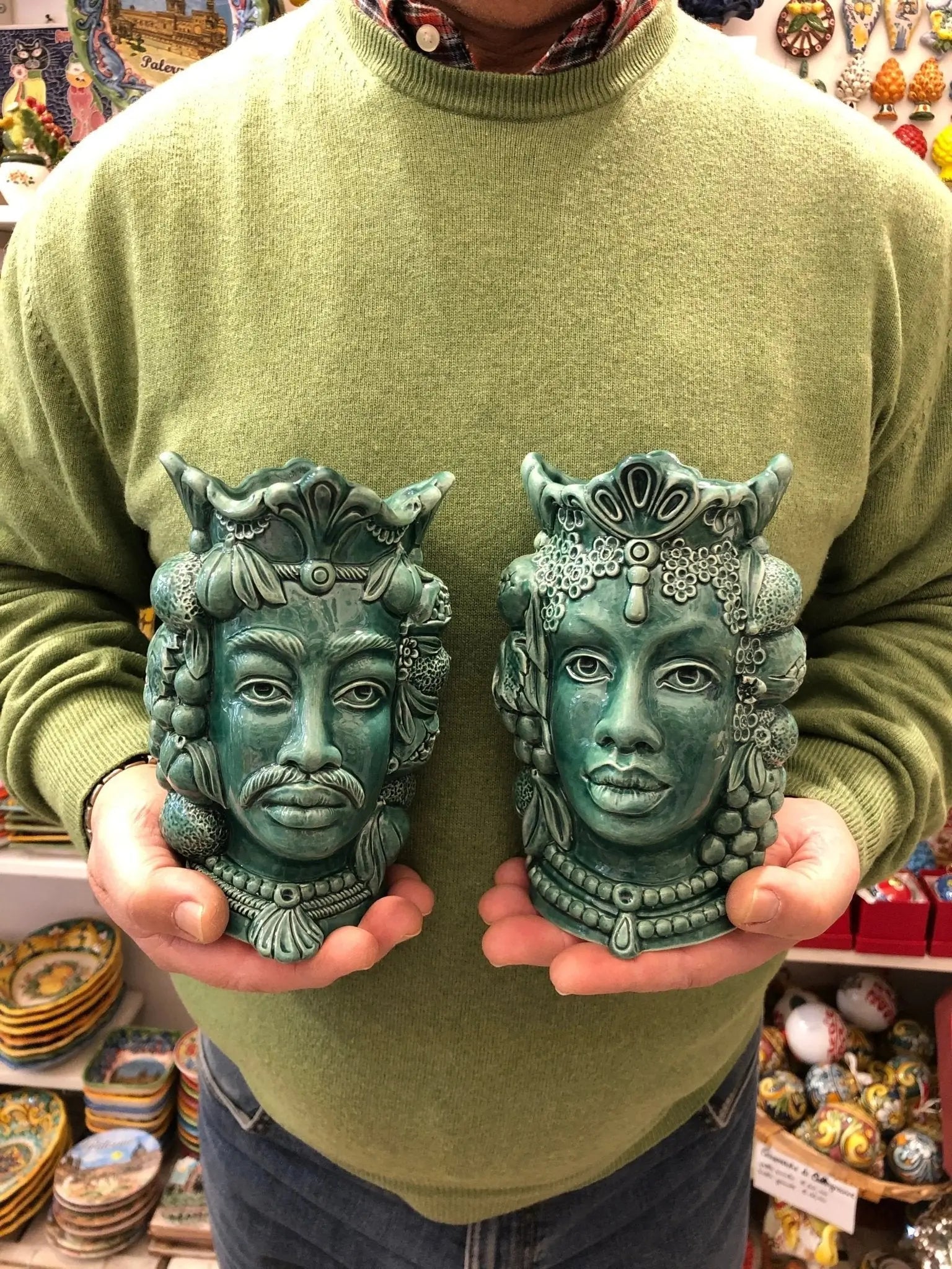 Teste di Moro Afro Frutta Ceramica Caltagirone cm H.18 L.12 Artigianale Verde - DD CERAMICHE SICILIANE