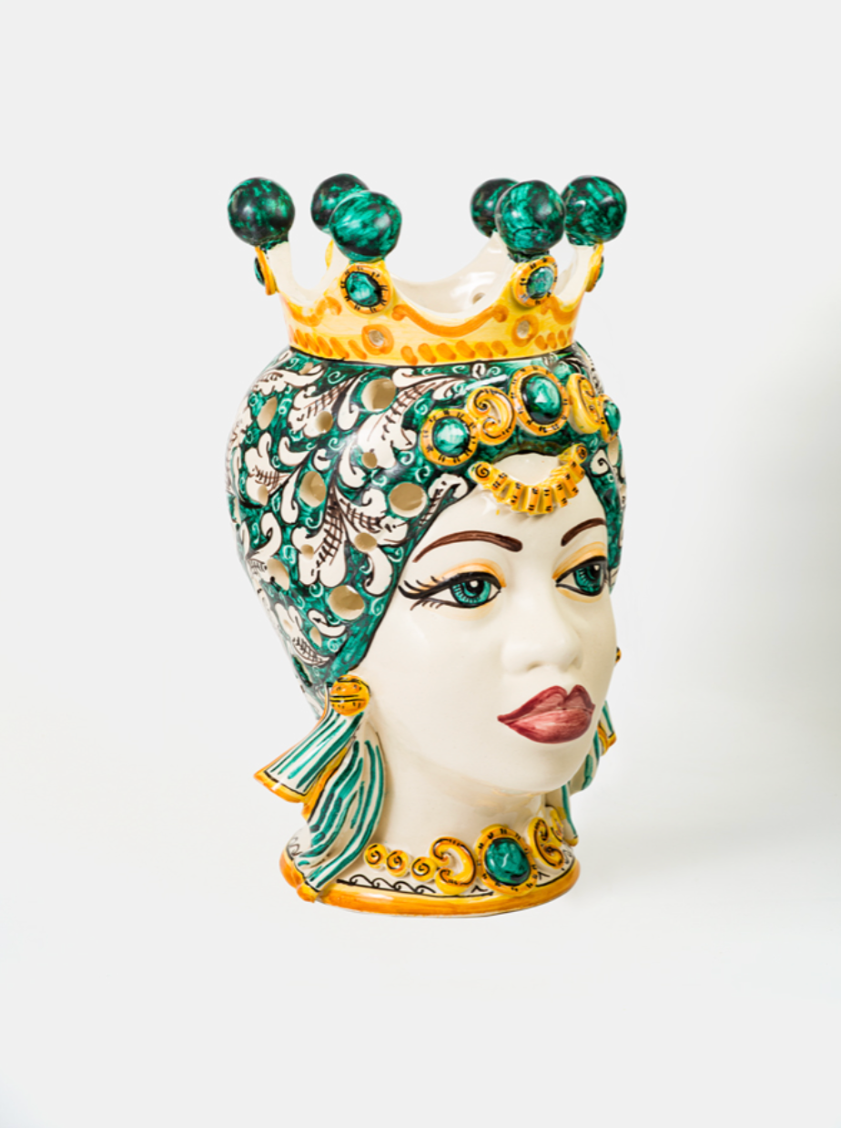 Teste di Moro Afro Traforate TDS Ceramica Caltagirone cm H.45 Artigianale Campito Verde - TESTE DI MORO