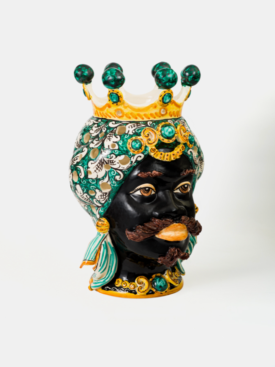 Teste di Moro Afro Traforate TDS Ceramica Caltagirone cm H.45 Artigianale Campito Verde - TESTE DI MORO
