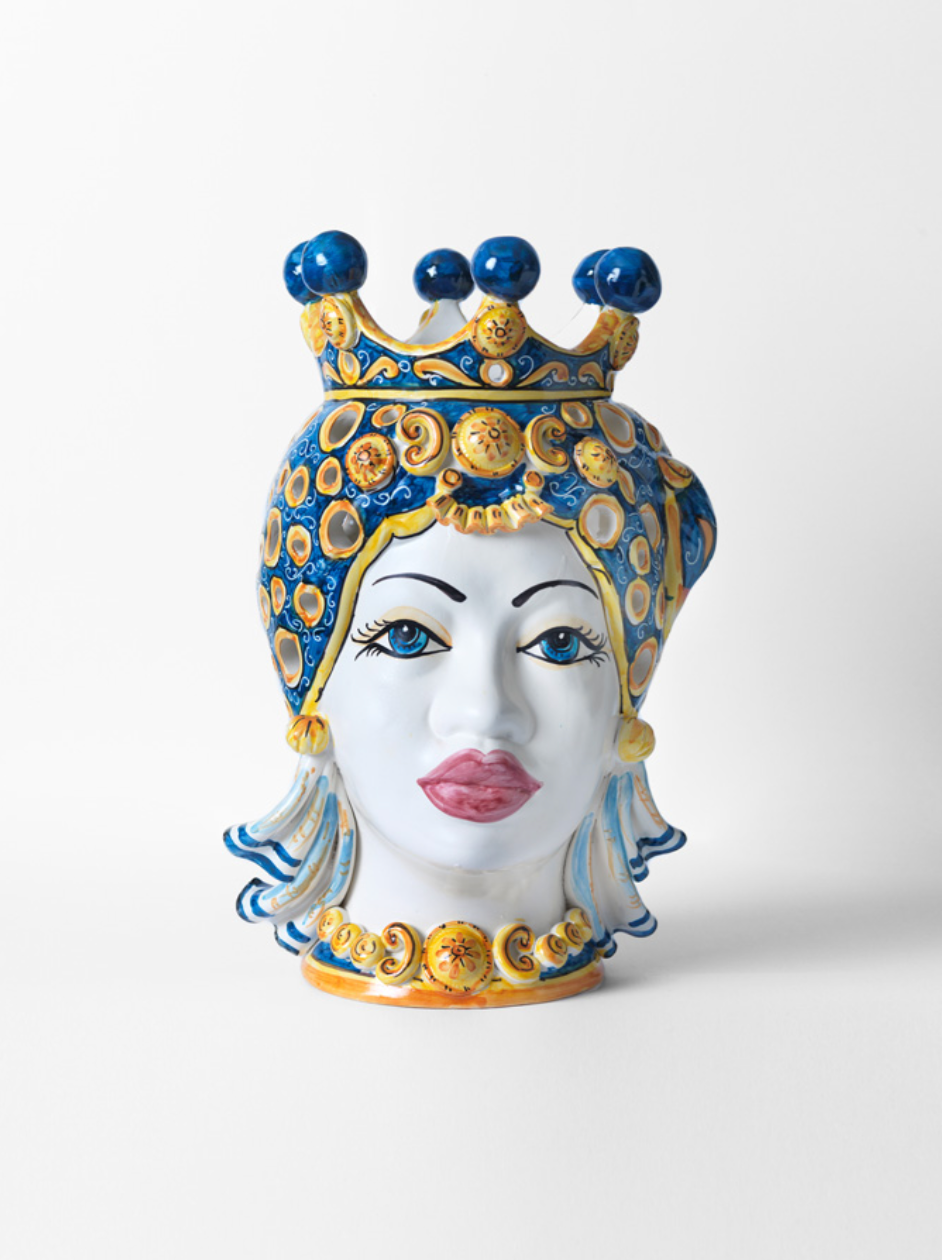 Teste di Moro Afro Traforate TDS Ceramica Caltagirone cm H.45 Artigianale Campito Blu - TESTE DI MORO