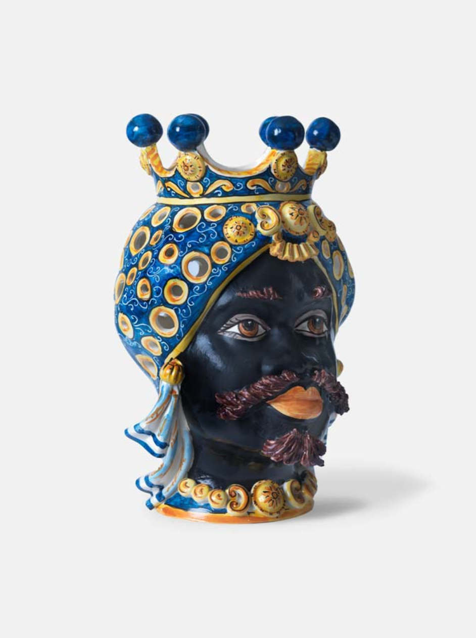 Teste di Moro Afro Traforate TDS Ceramica Caltagirone cm H.45 Artigianale Campito Blu - Uomo - TESTE DI MORO