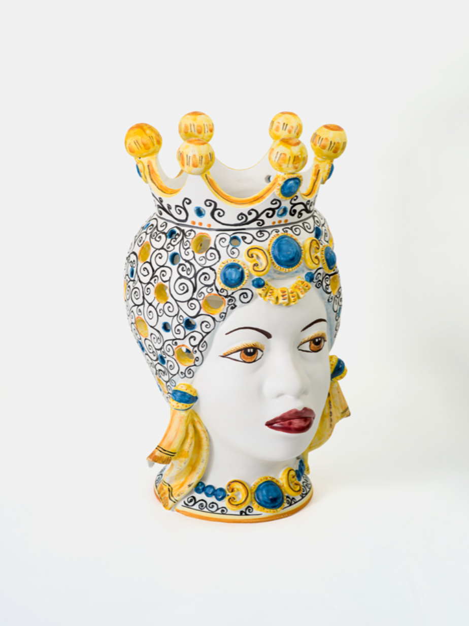 Teste di Moro Afro Traforate TDS Ceramica Caltagirone cm H.45 Artigianale Ricamato Blu - TESTE DI MORO