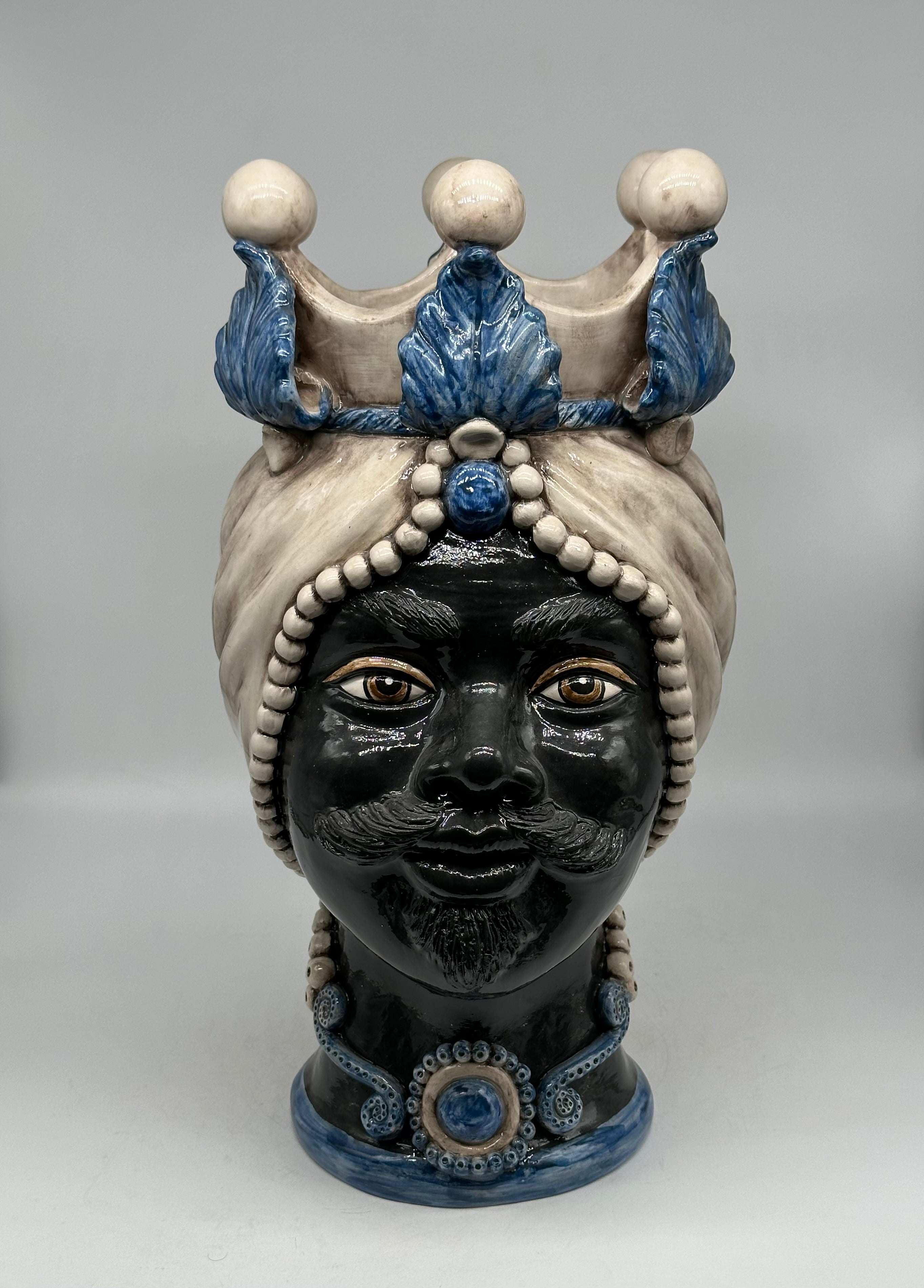 Teste di Moro Antares Ceramica Caltagirone cm H.41 L.22 Artigianale Écru Foglie Blu - Uomo - TESTE DI MORO