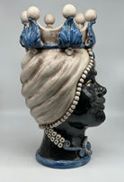 Teste di Moro Antares Ceramica Caltagirone cm H.41 L.22 Artigianale Écru Foglie Blu - TESTE DI MORO