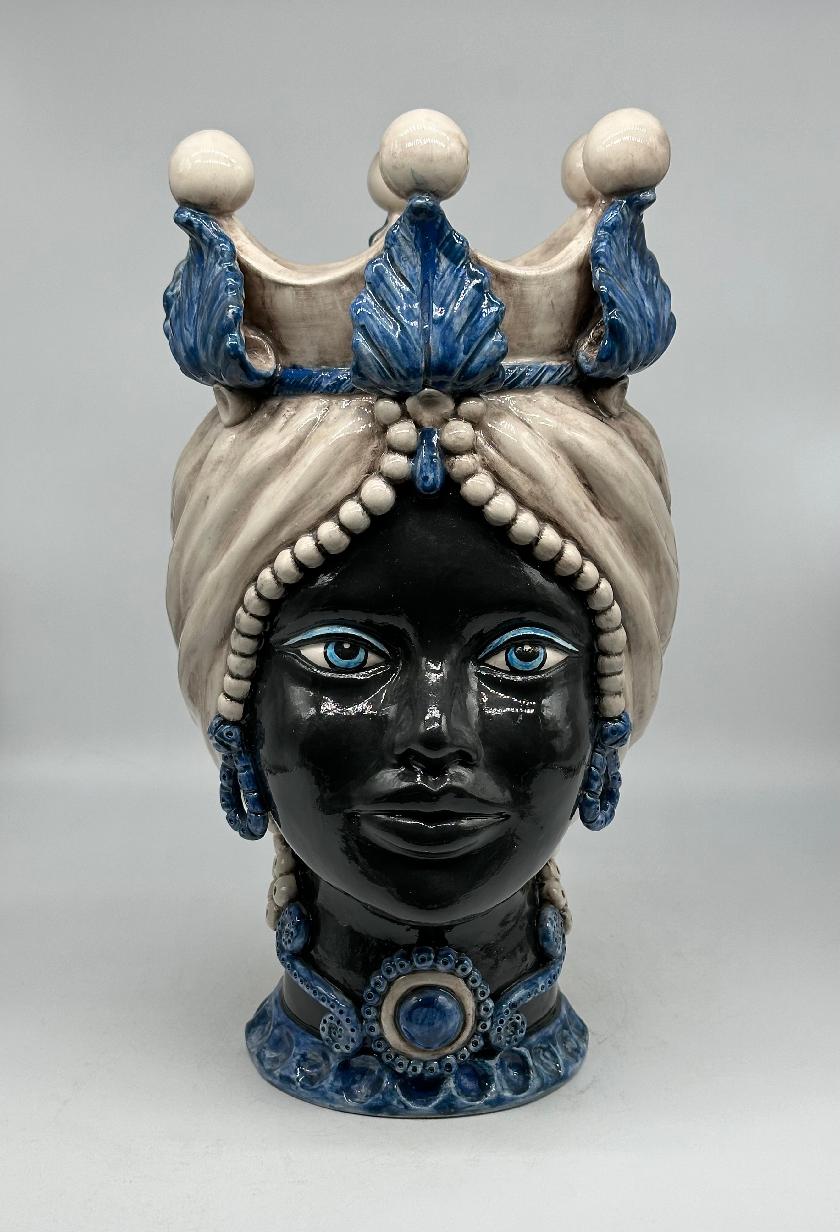 Teste di Moro Antares Ceramica Caltagirone cm H.41 L.22 Artigianale Écru Foglie Blu - Donna - TESTE DI MORO
