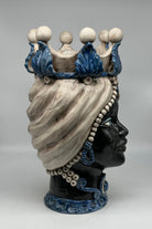 Teste di Moro Antares Ceramica Caltagirone cm H.41 L.22 Artigianale Écru Foglie Blu - TESTE DI MORO