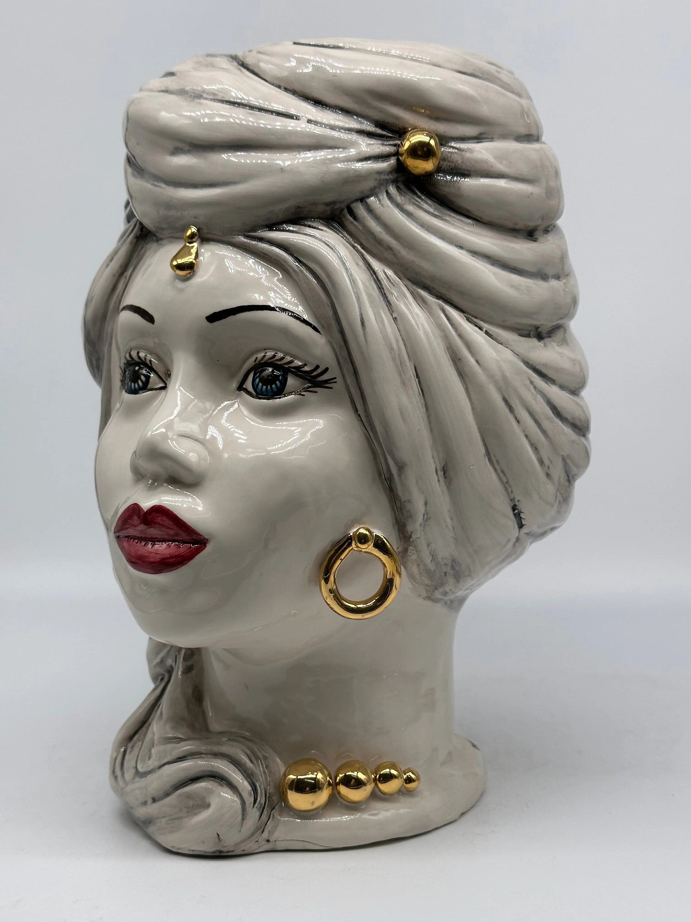 Teste di Moro Anubi Ceramica Caltagirone cm H.29 L.20 Artigianale Grigio Nero Oro DD CERAMICHE SICILIANE