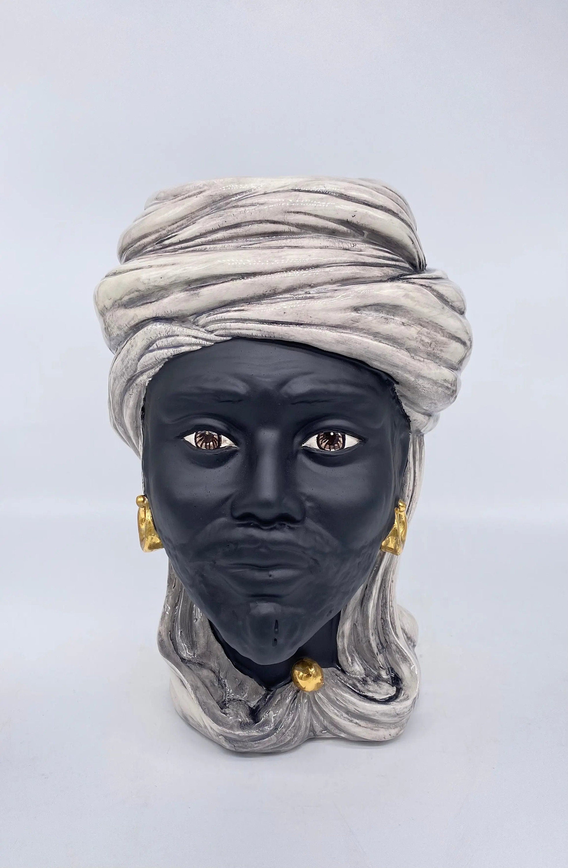 Teste di Moro Anubi Ceramica Caltagirone cm H.29 L.20 Artigianale Ghiaccio Nero Oro DD CERAMICHE SICILIANE