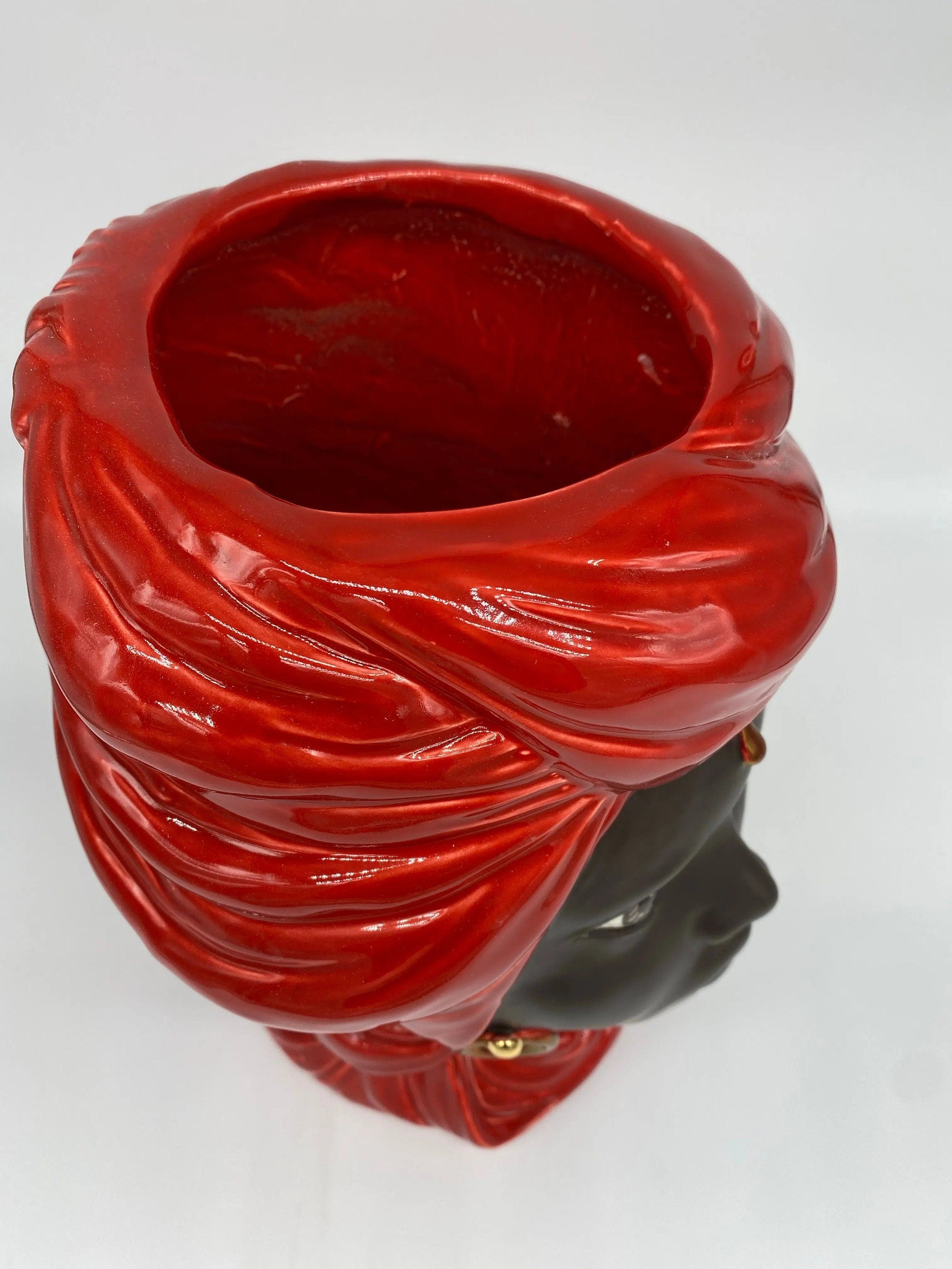 Teste di Moro Anubi Ceramica Caltagirone cm H.29 L.20 Artigianale Rosso Marrone Oro DD CERAMICHE SICILIANE