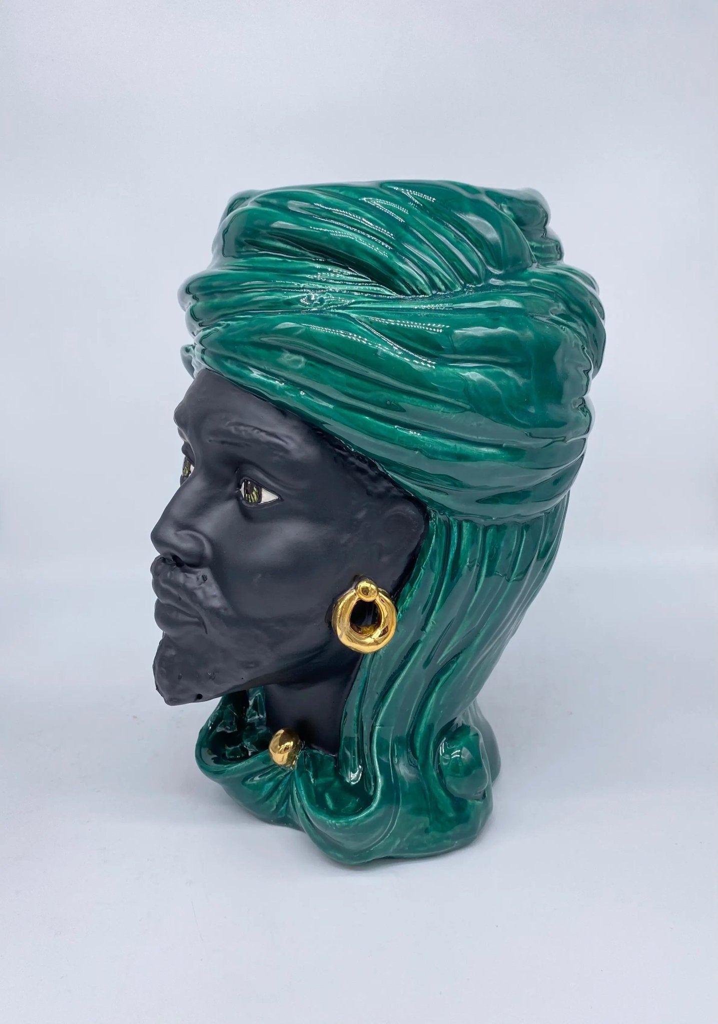 Teste di Moro Anubi Ceramica Caltagirone cm H.29 L.20 Artigianale Verde Nero Oro - DD CERAMICHE SICILIANE