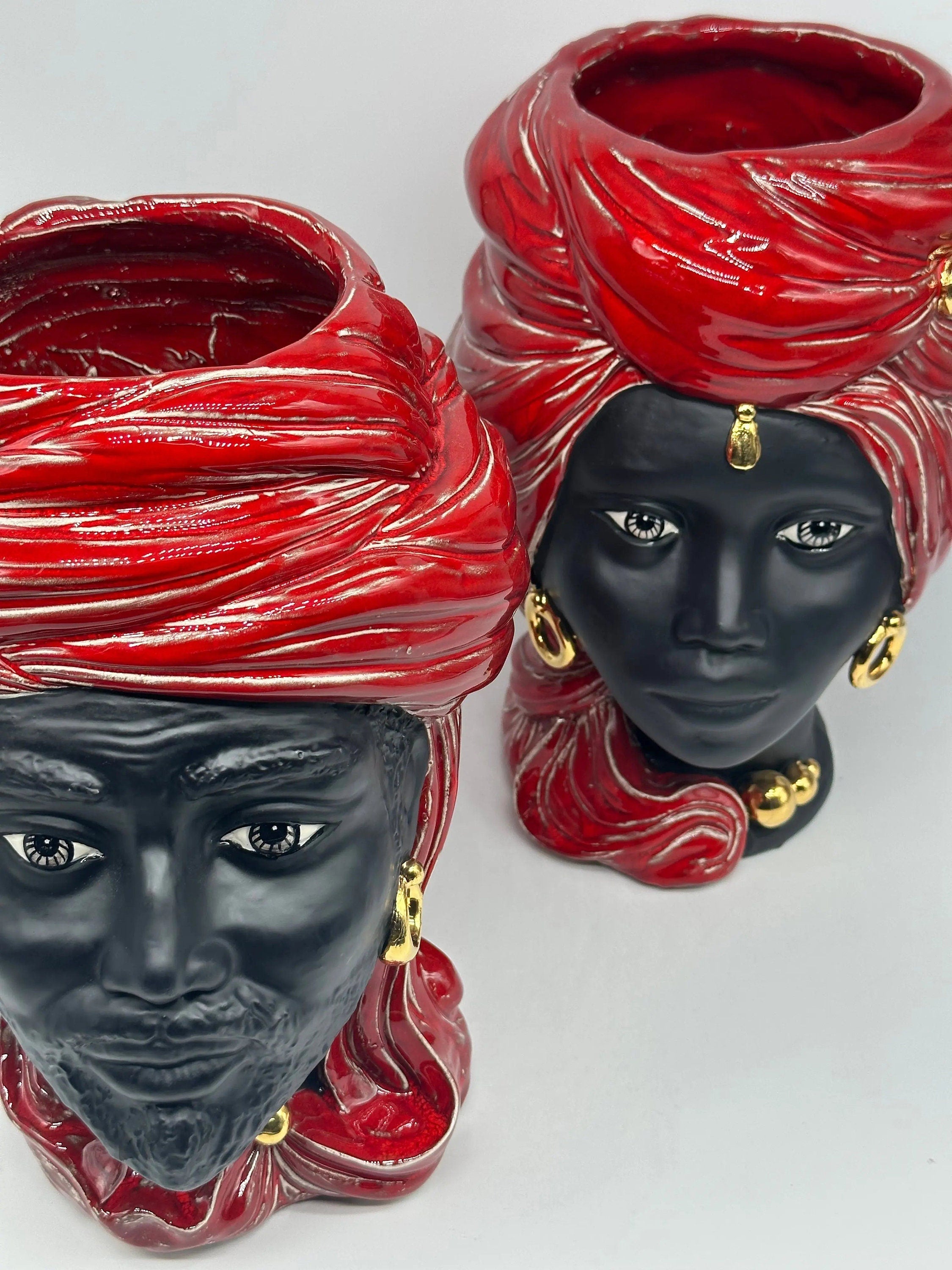 Teste di Moro Anubi Ceramica Caltagirone cm H.29 L.20 Artigianale Rosso Magma Oro DD CERAMICHE SICILIANE