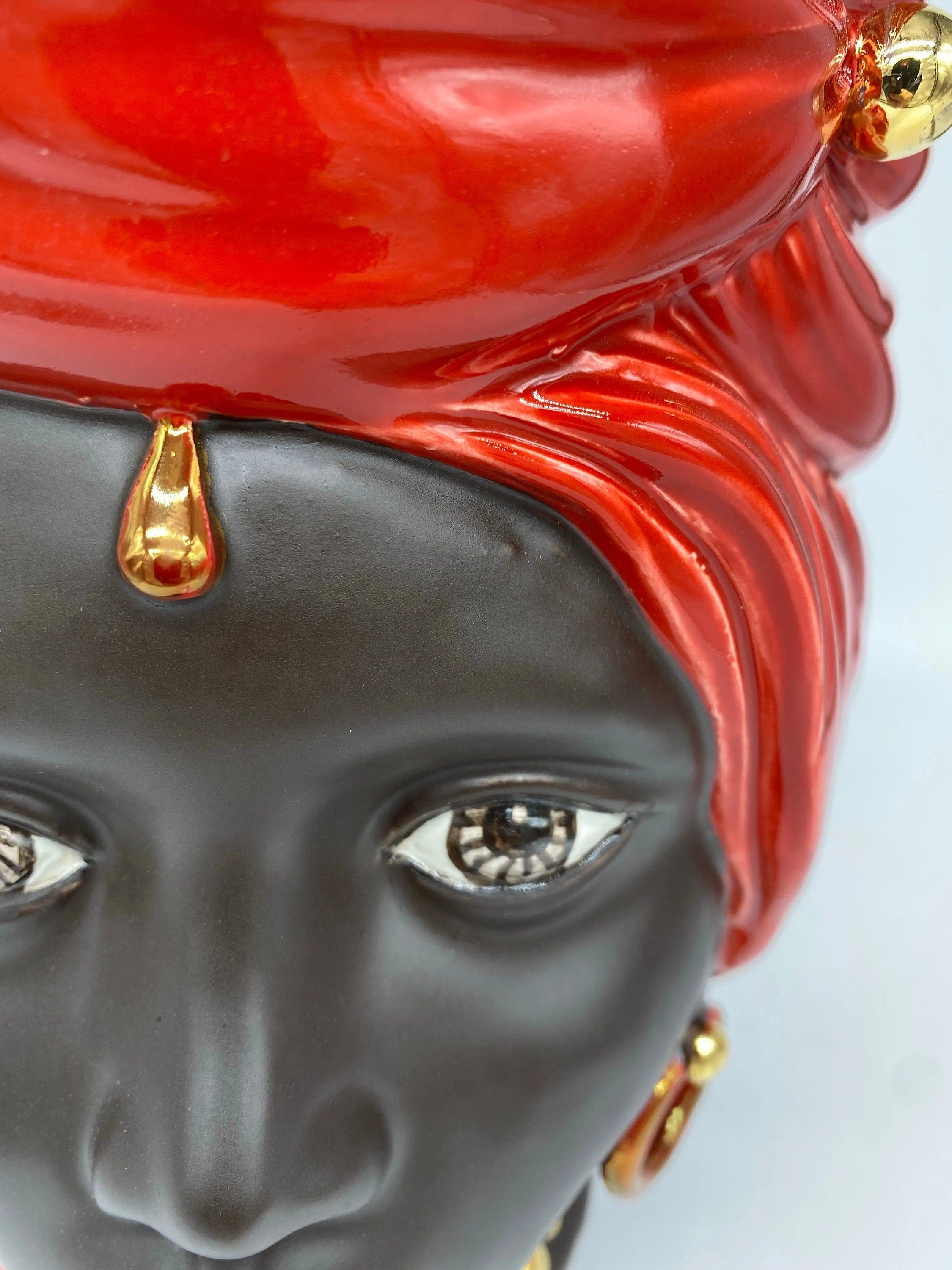 Teste di Moro Anubi Ceramica Caltagirone cm H.29 L.20 Artigianale Rosso Marrone Oro DD CERAMICHE SICILIANE