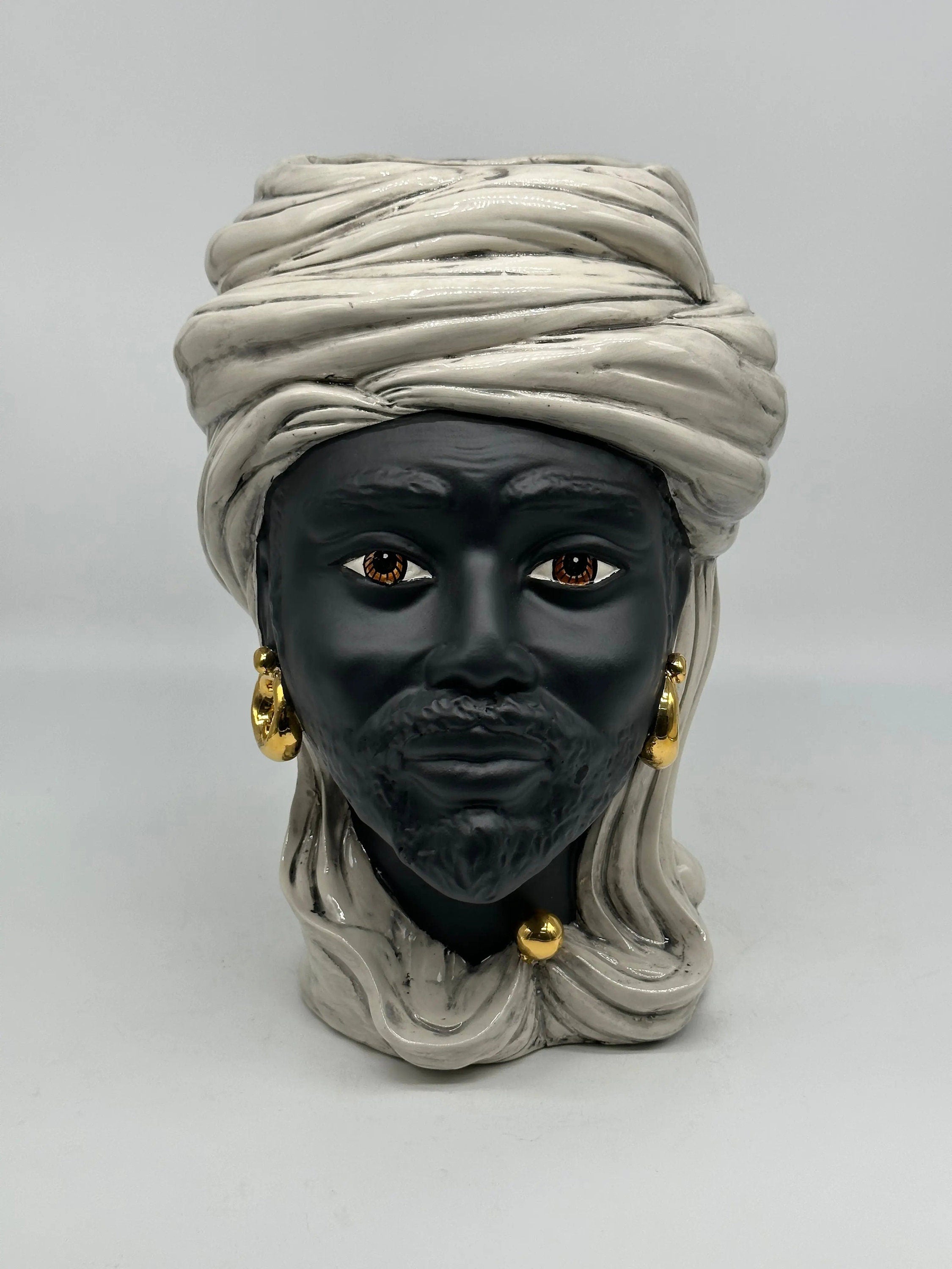 Teste di Moro Anubi Ceramica Caltagirone cm H.29 L.20 Artigianale Grigio Nero Oro DD CERAMICHE SICILIANE