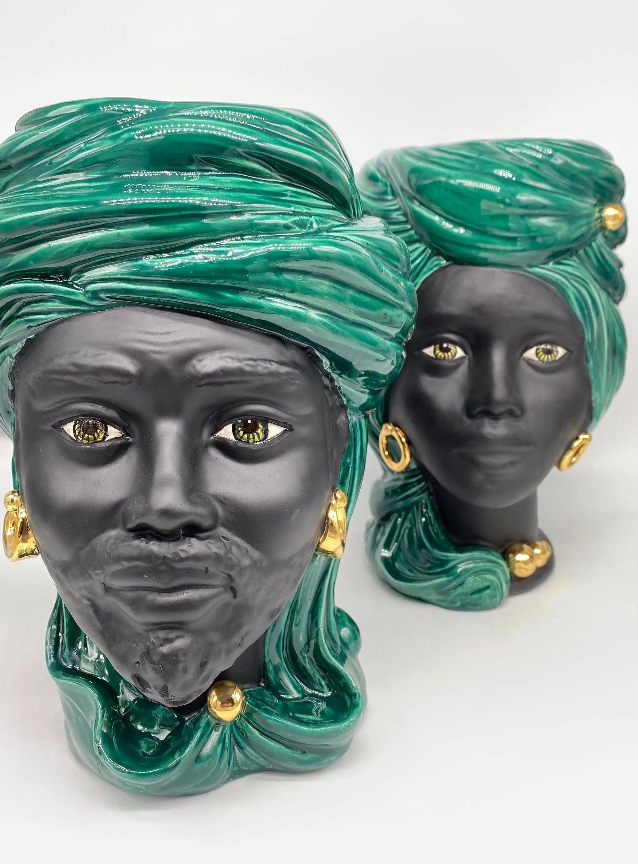 Teste di Moro Anubi Ceramica Caltagirone cm H.29 L.20 Artigianale Verde Nero Oro DD CERAMICHE SICILIANE