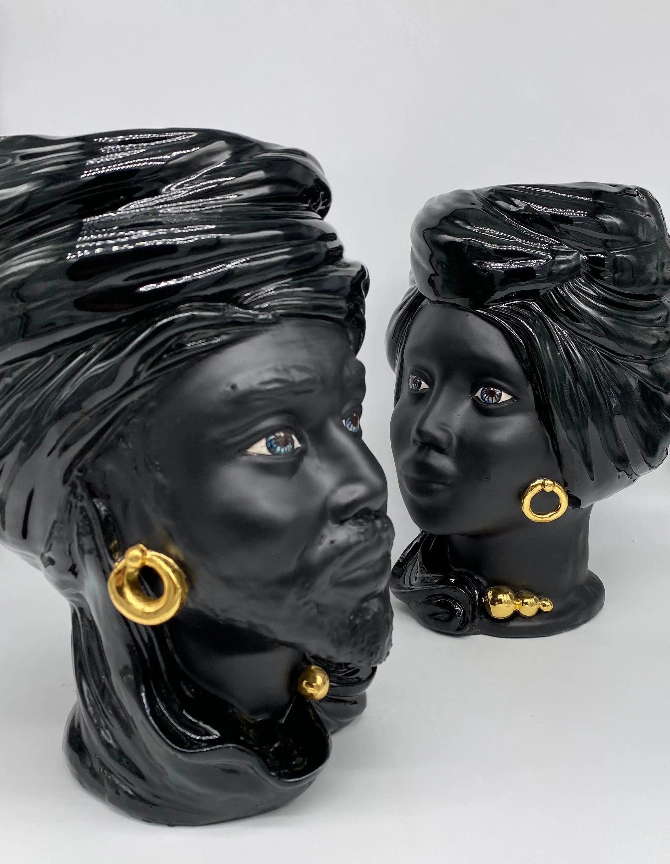 Teste di Moro Anubi Ceramica Caltagirone cm H.29 L.20 Artigianale Nero Oro DD CERAMICHE SICILIANE