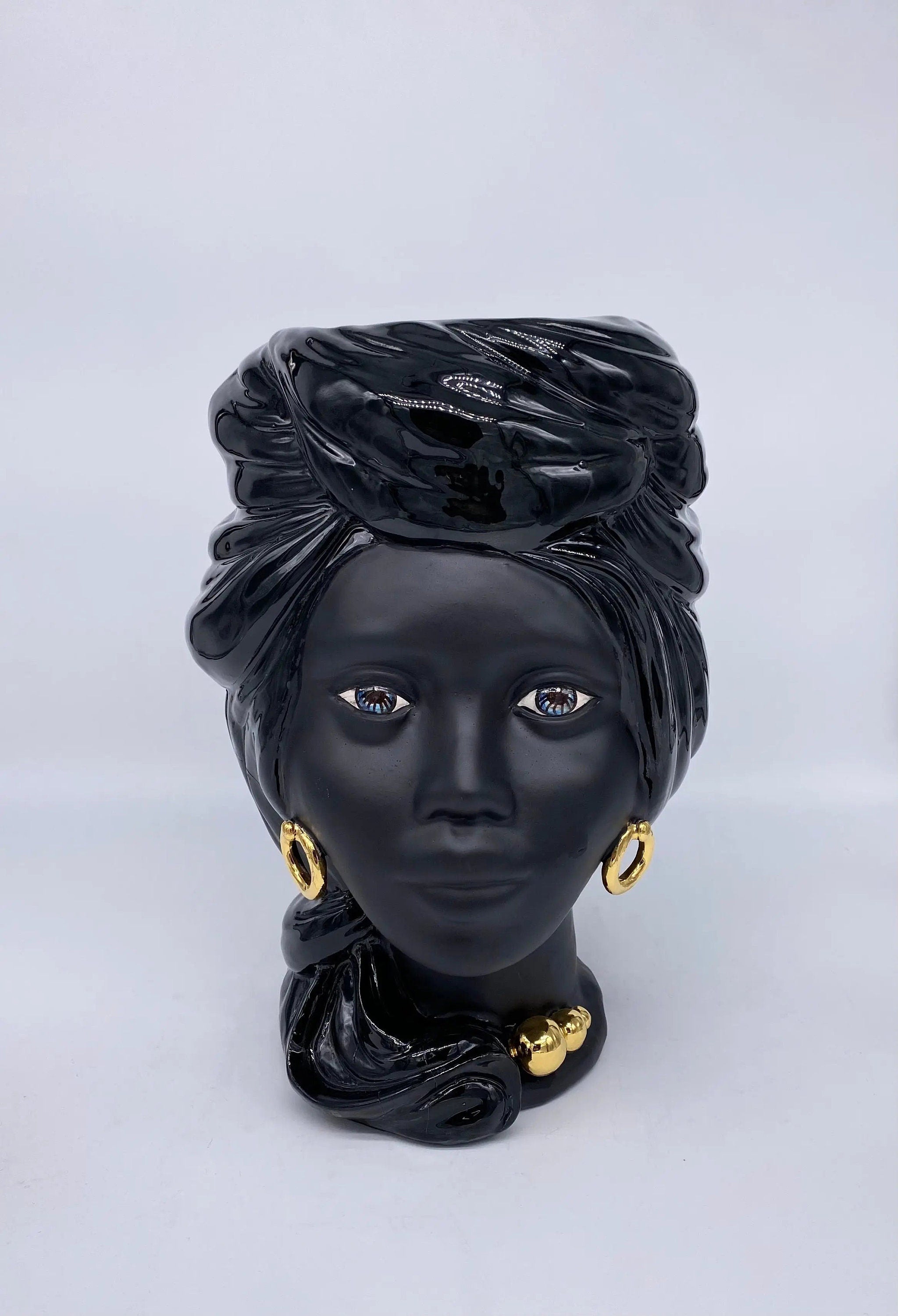 Teste di Moro Anubi Ceramica Caltagirone cm H.29 L.20 Artigianale Nero Oro DD CERAMICHE SICILIANE