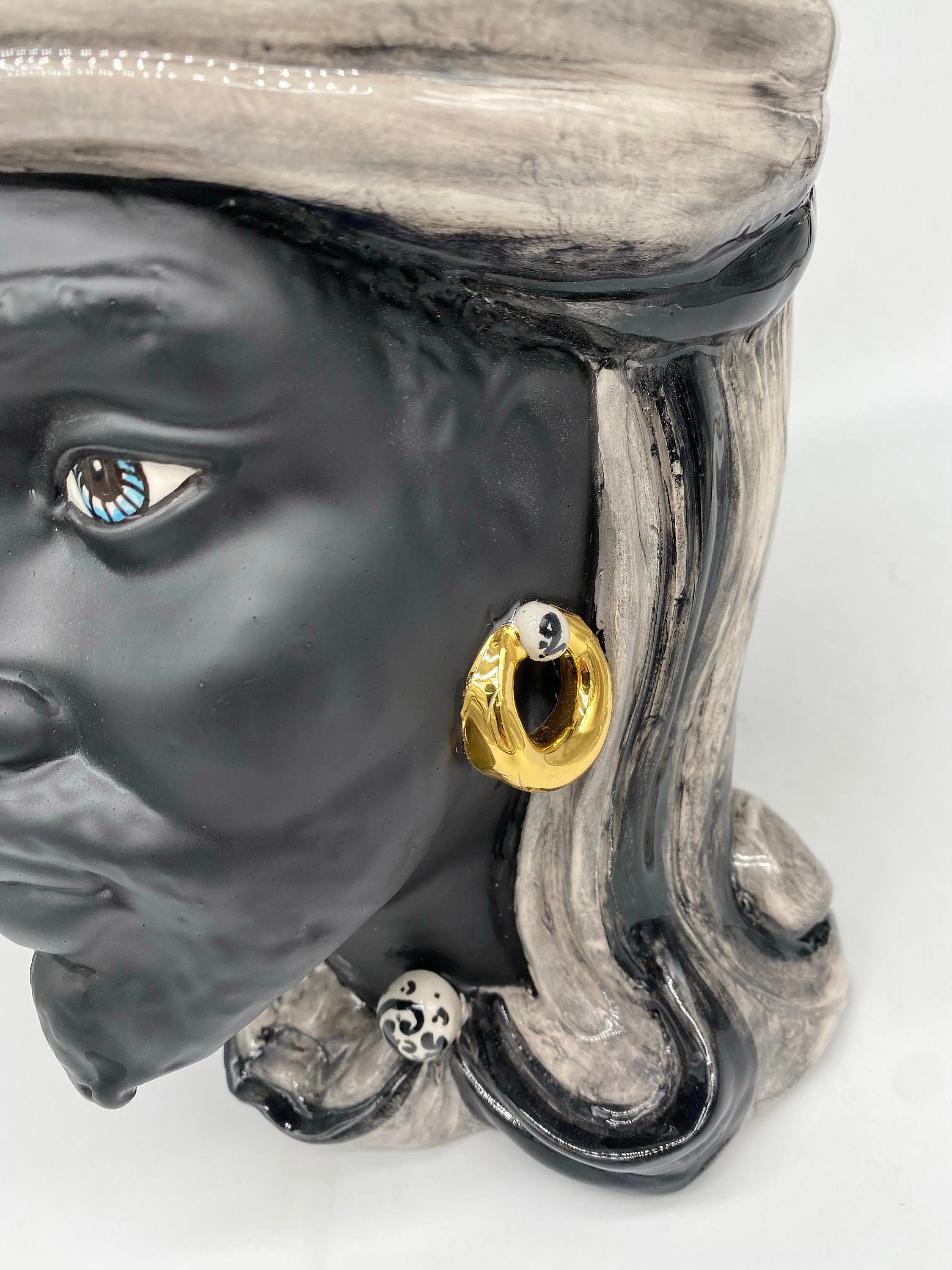 Teste di Moro Anubi Ceramica Caltagirone cm H.29 L.20 Artigianale Grigio Nero Oro DD CERAMICHE SICILIANE