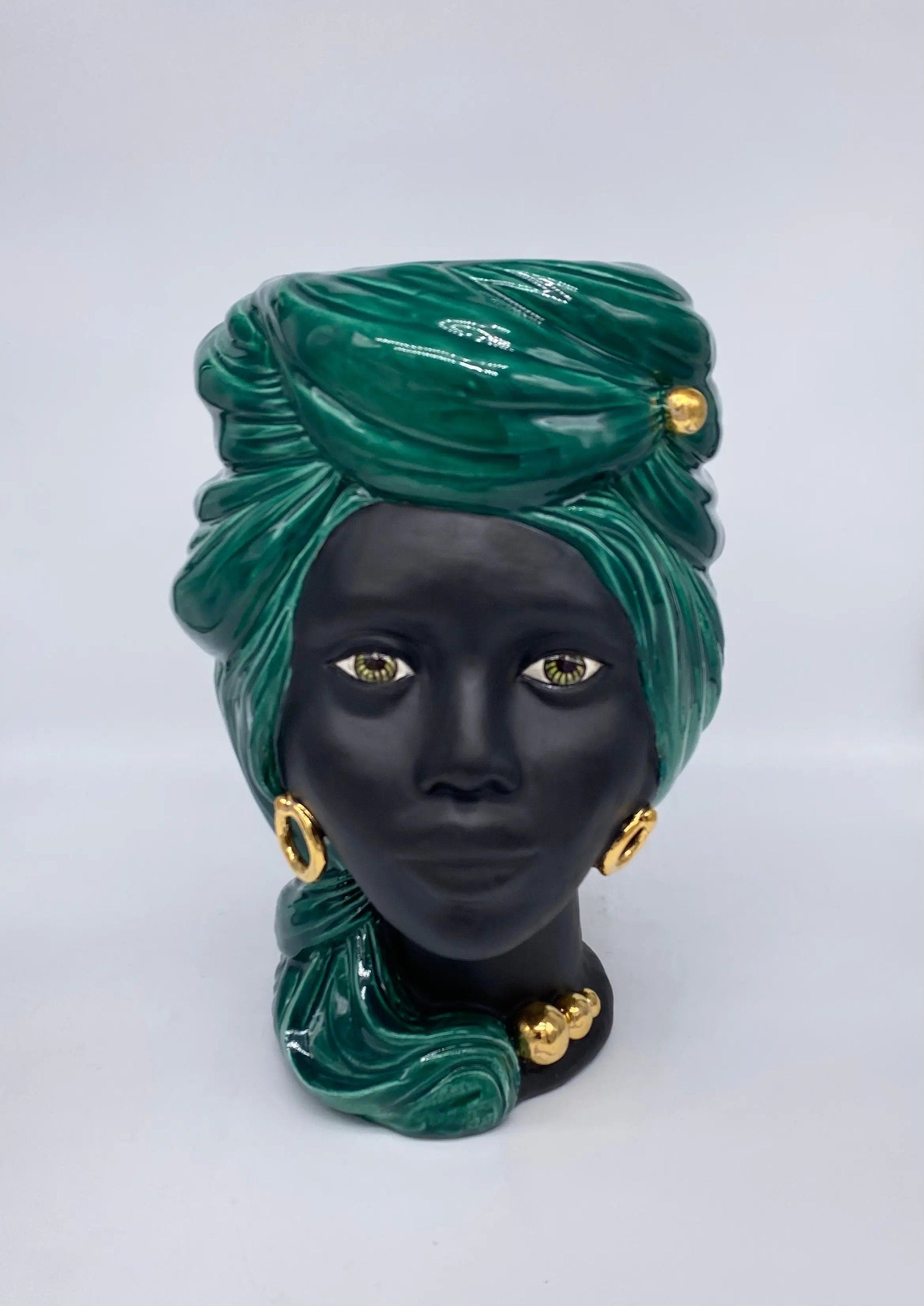 Teste di Moro Anubi Ceramica Caltagirone cm H.29 L.20 Artigianale Verde Nero Oro DD CERAMICHE SICILIANE
