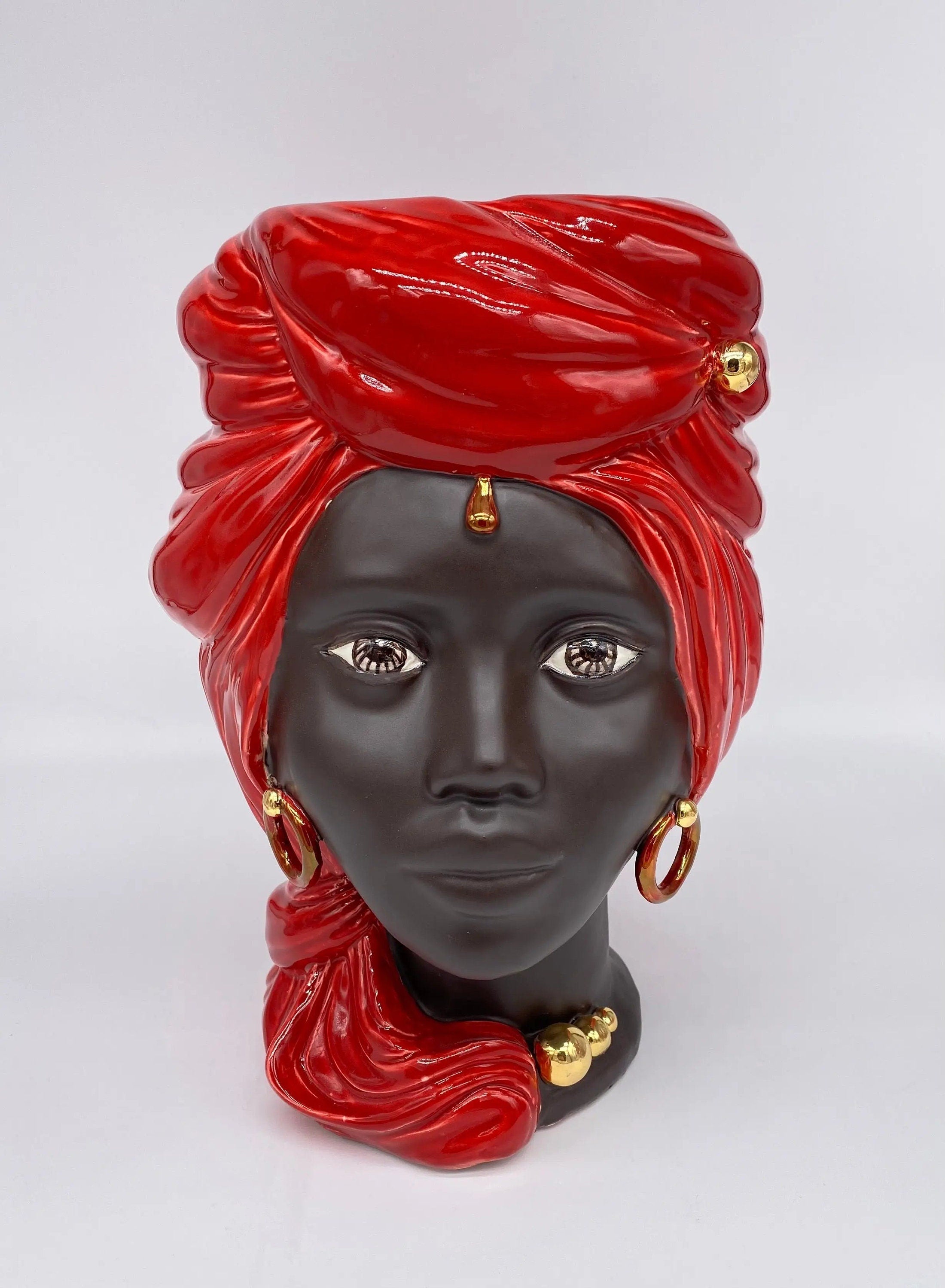 Teste di Moro Anubi Ceramica Caltagirone cm H.29 L.20 Artigianale Rosso Marrone Oro DD CERAMICHE SICILIANE