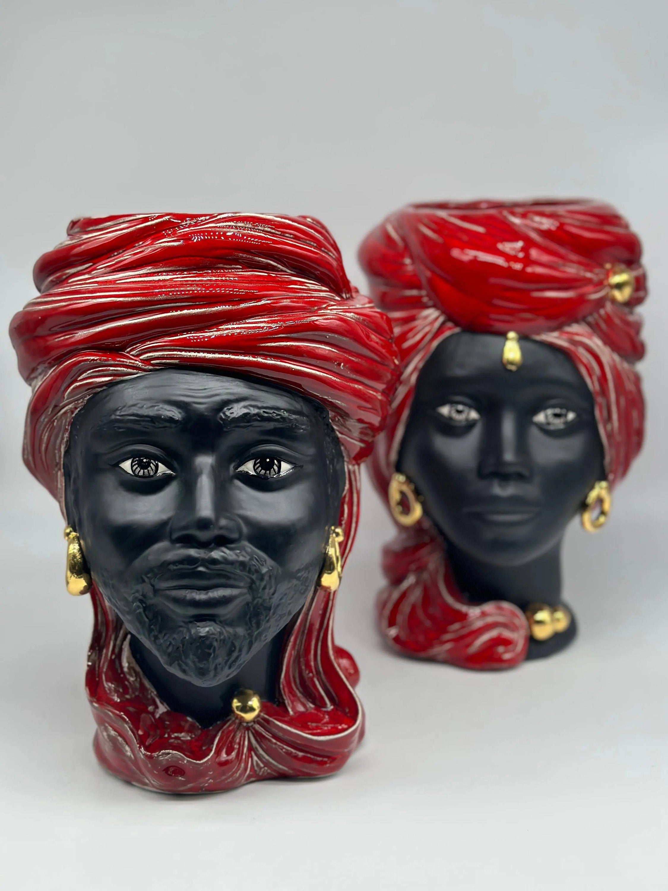 Teste di Moro Anubi Ceramica Caltagirone cm H.29 L.20 Artigianale Rosso Magma Oro DD CERAMICHE SICILIANE