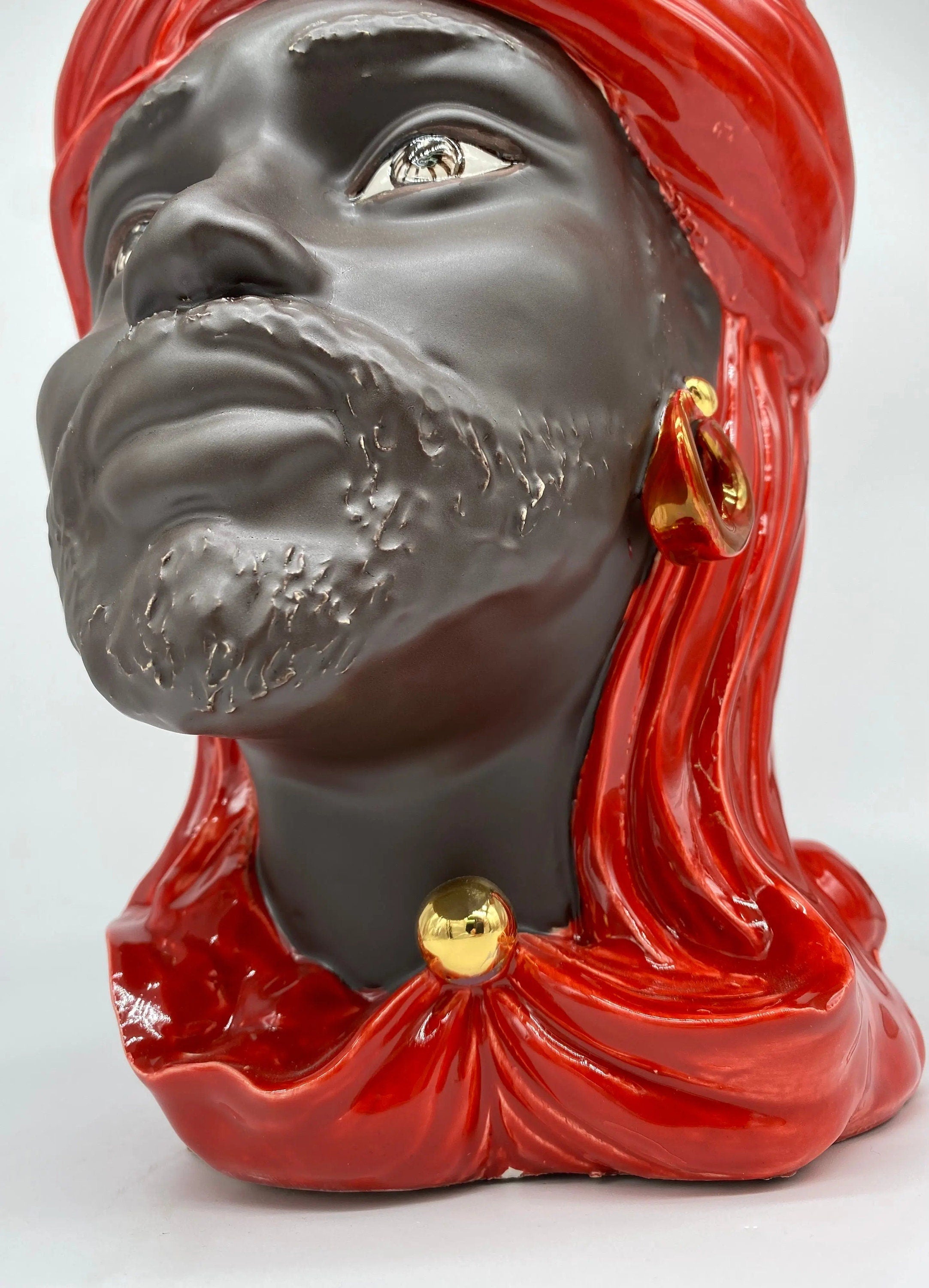 Teste di Moro Anubi Ceramica Caltagirone cm H.29 L.20 Artigianale Rosso Marrone Oro DD CERAMICHE SICILIANE