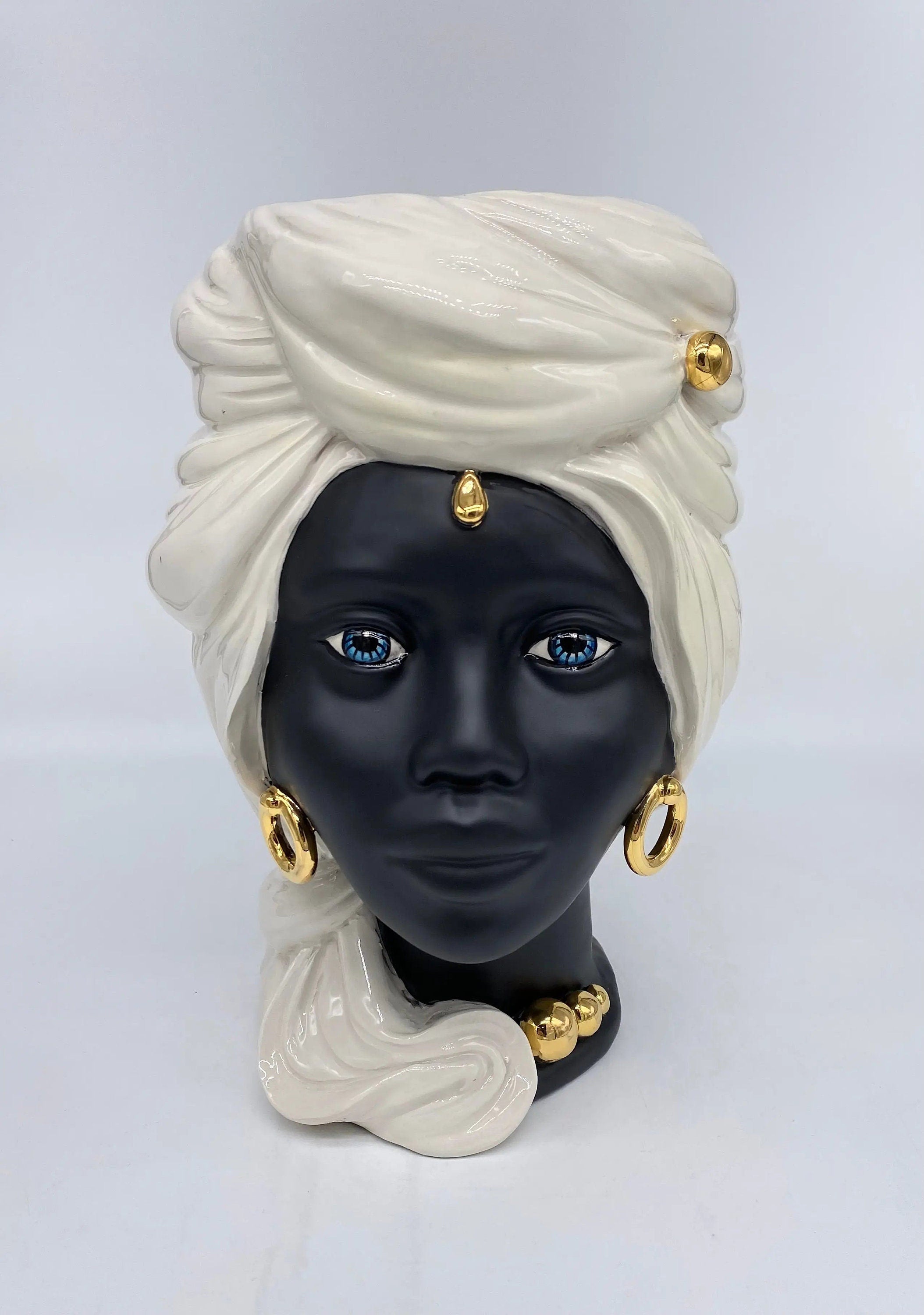 Teste di Moro Anubi Ceramica Caltagirone cm H.29 L.20 Artigianale Bianco Nero Oro DD CERAMICHE SICILIANE