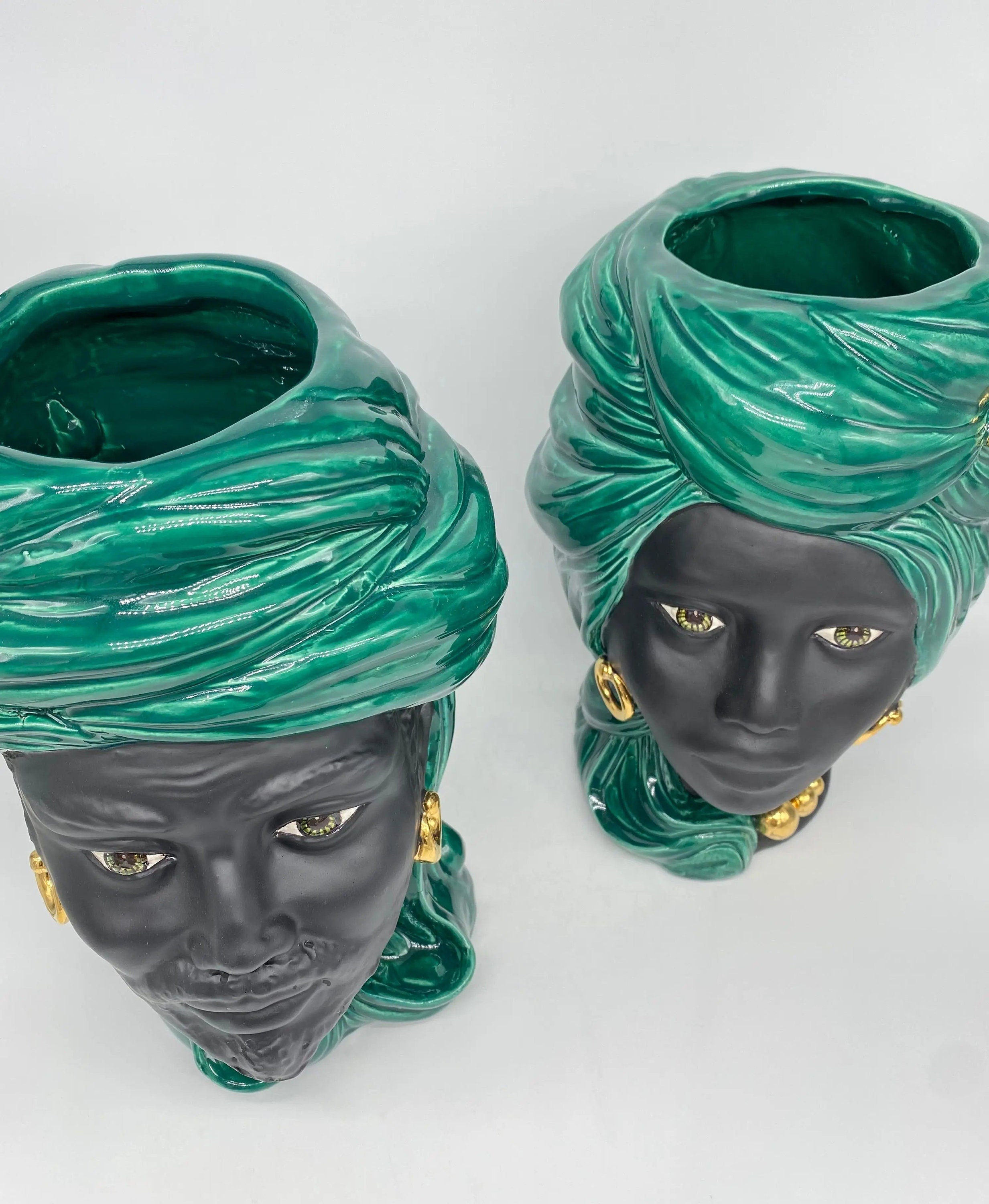 Teste di Moro Anubi Ceramica Caltagirone cm H.29 L.20 Artigianale Verde Nero Oro DD CERAMICHE SICILIANE