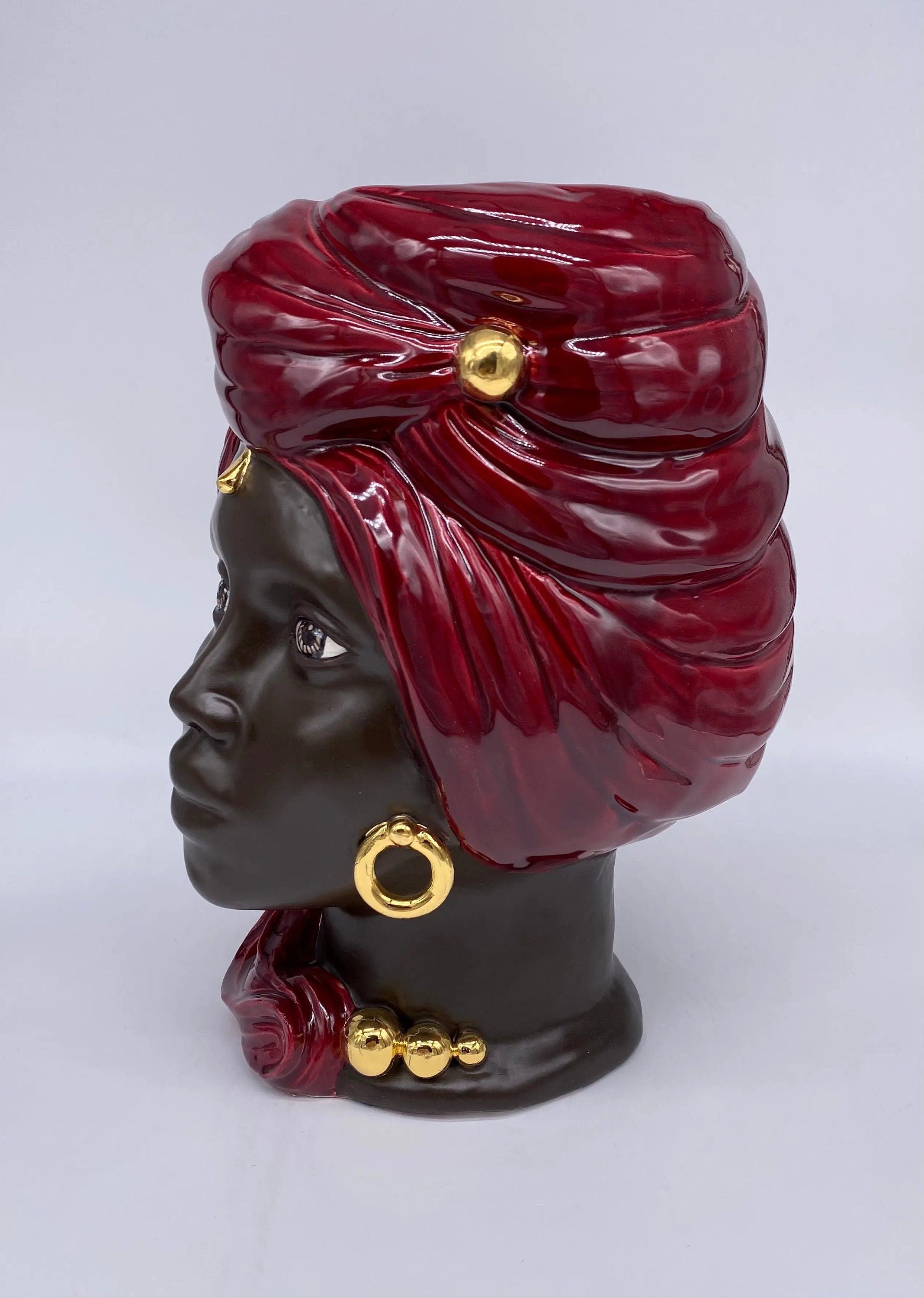 Teste di Moro Anubi Ceramica Caltagirone cm H.29 L.20 Artigianale Bordeaux Marrone Oro DD CERAMICHE SICILIANE