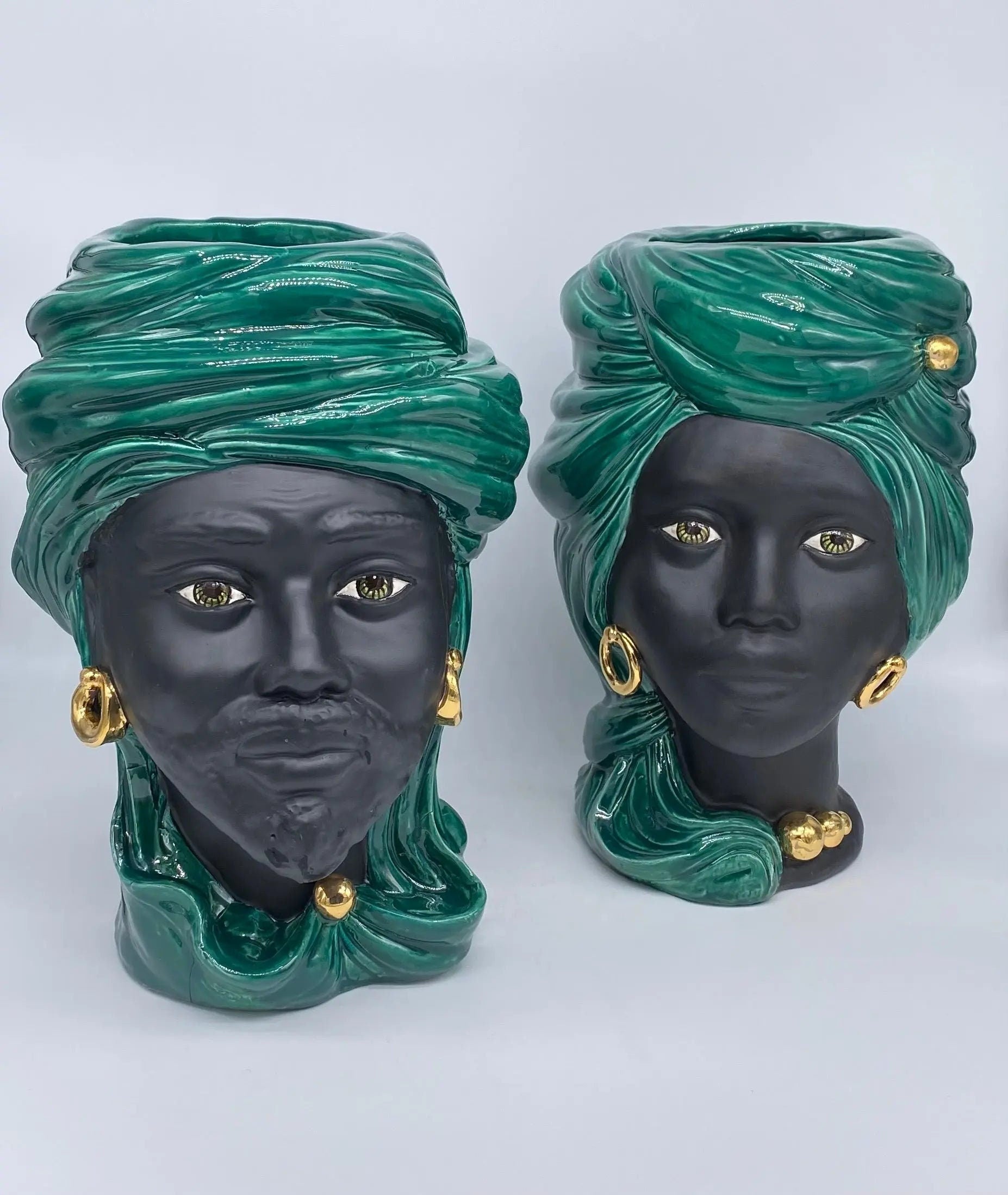 Teste di Moro Anubi Ceramica Caltagirone cm H.29 L.20 Artigianale Verde Nero Oro DD CERAMICHE SICILIANE