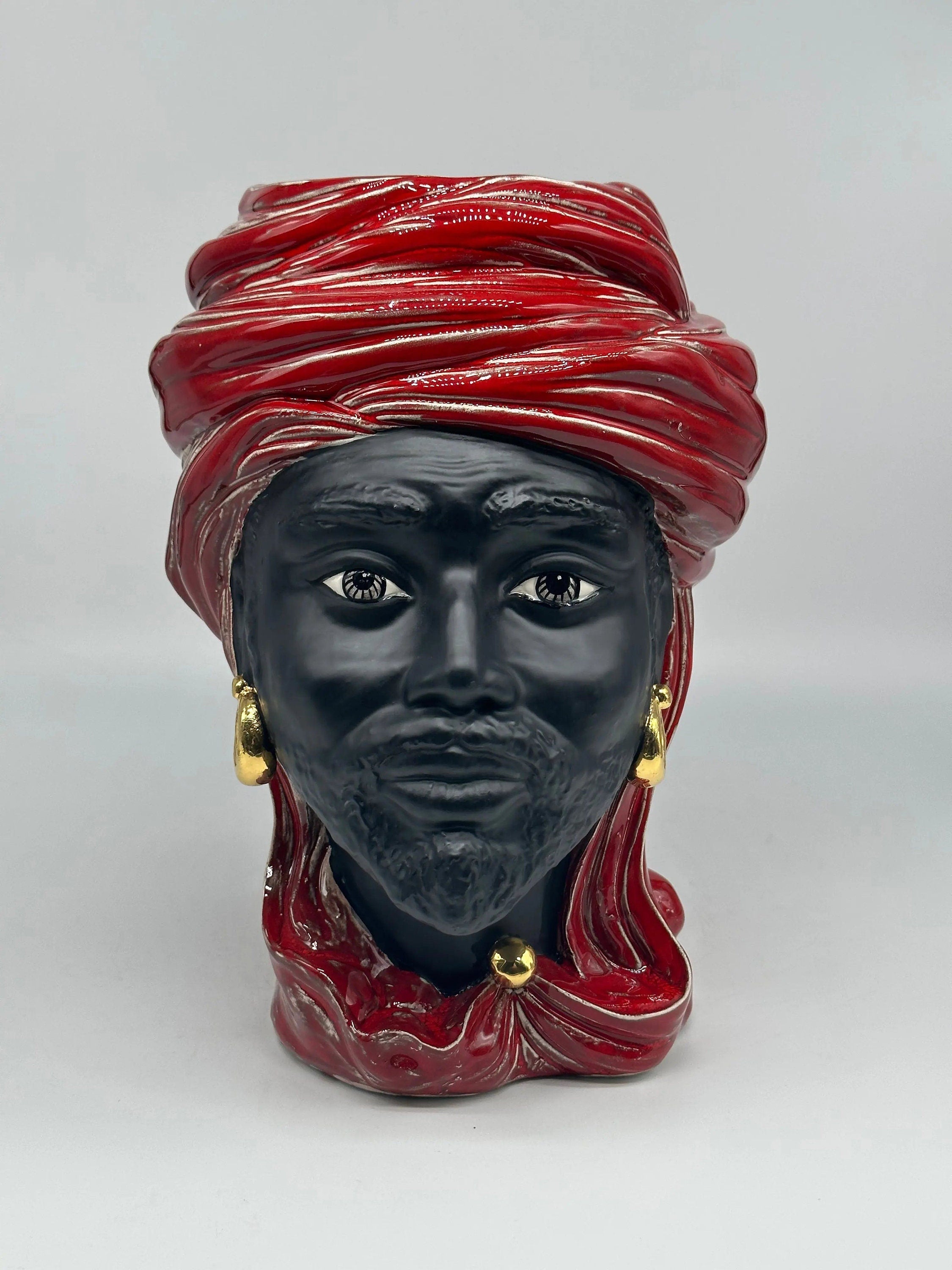 Teste di Moro Anubi Ceramica Caltagirone cm H.29 L.20 Artigianale Rosso Magma Oro DD CERAMICHE SICILIANE