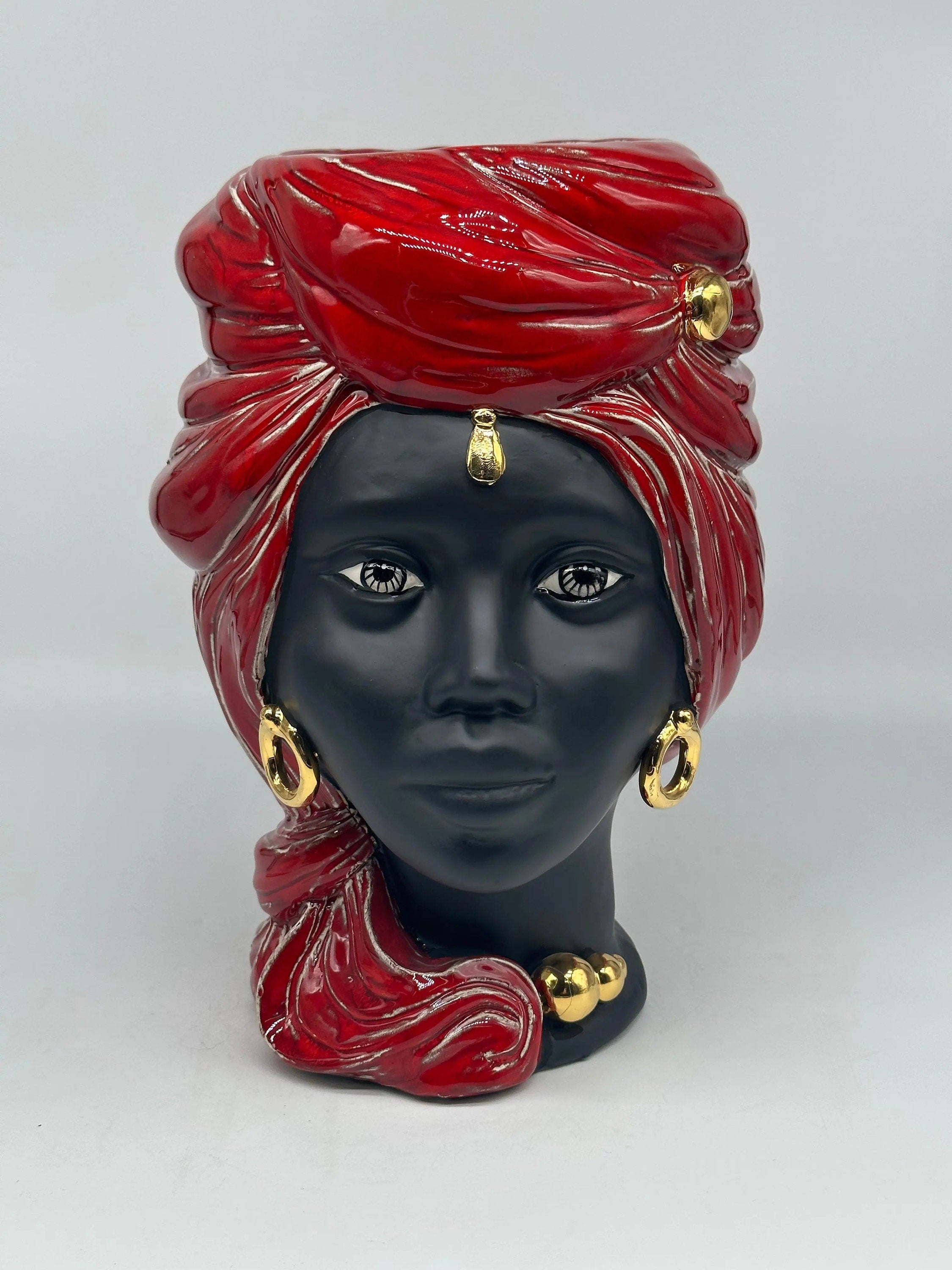 Teste di Moro Anubi Ceramica Caltagirone cm H.29 L.20 Artigianale Rosso Magma Oro DD CERAMICHE SICILIANE