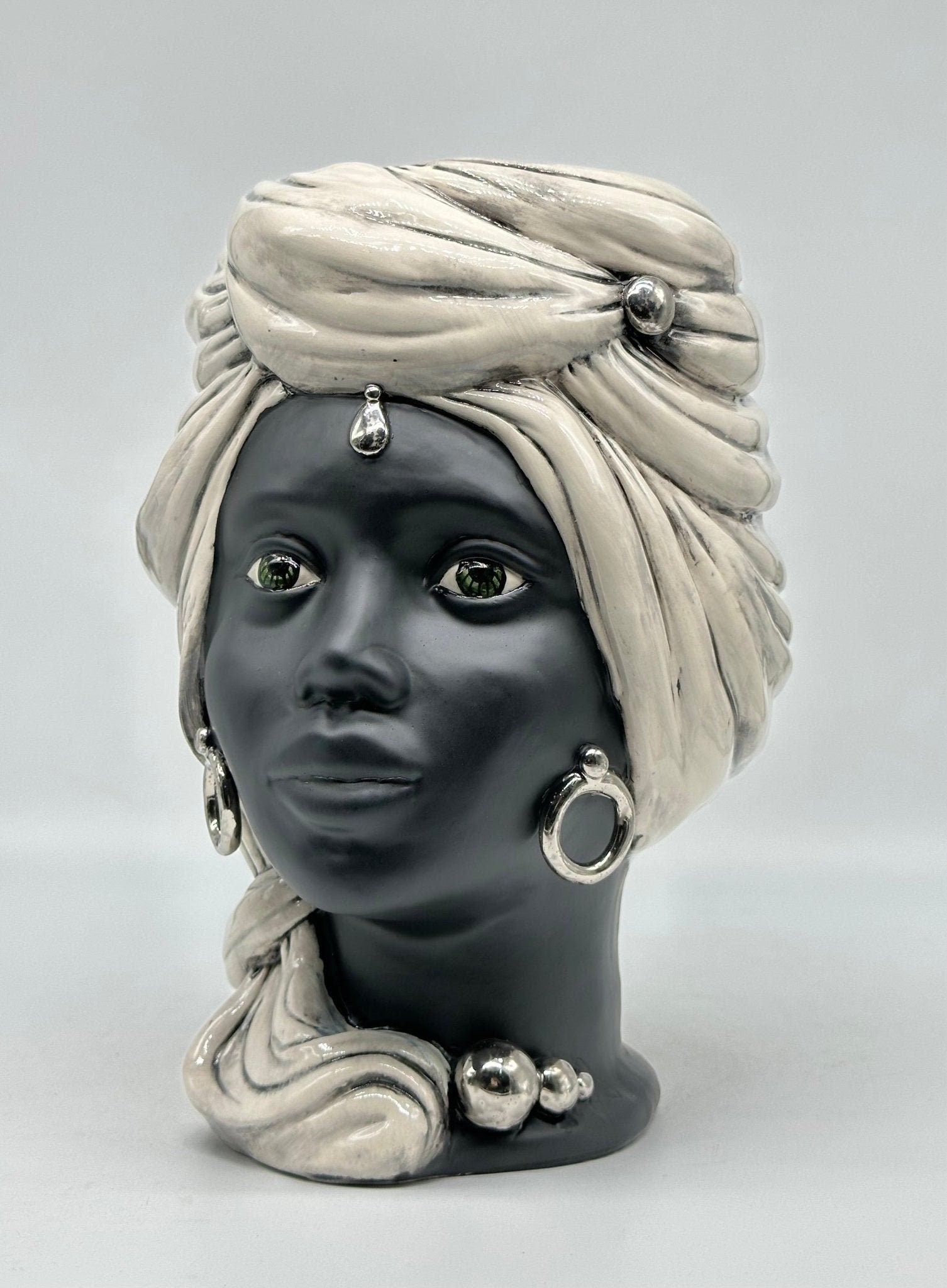 Teste di Moro Anubi Ceramica Caltagirone cm H.29 L.20 Artigianale Ghiaccio Nero Platino - DD CERAMICHE SICILIANE