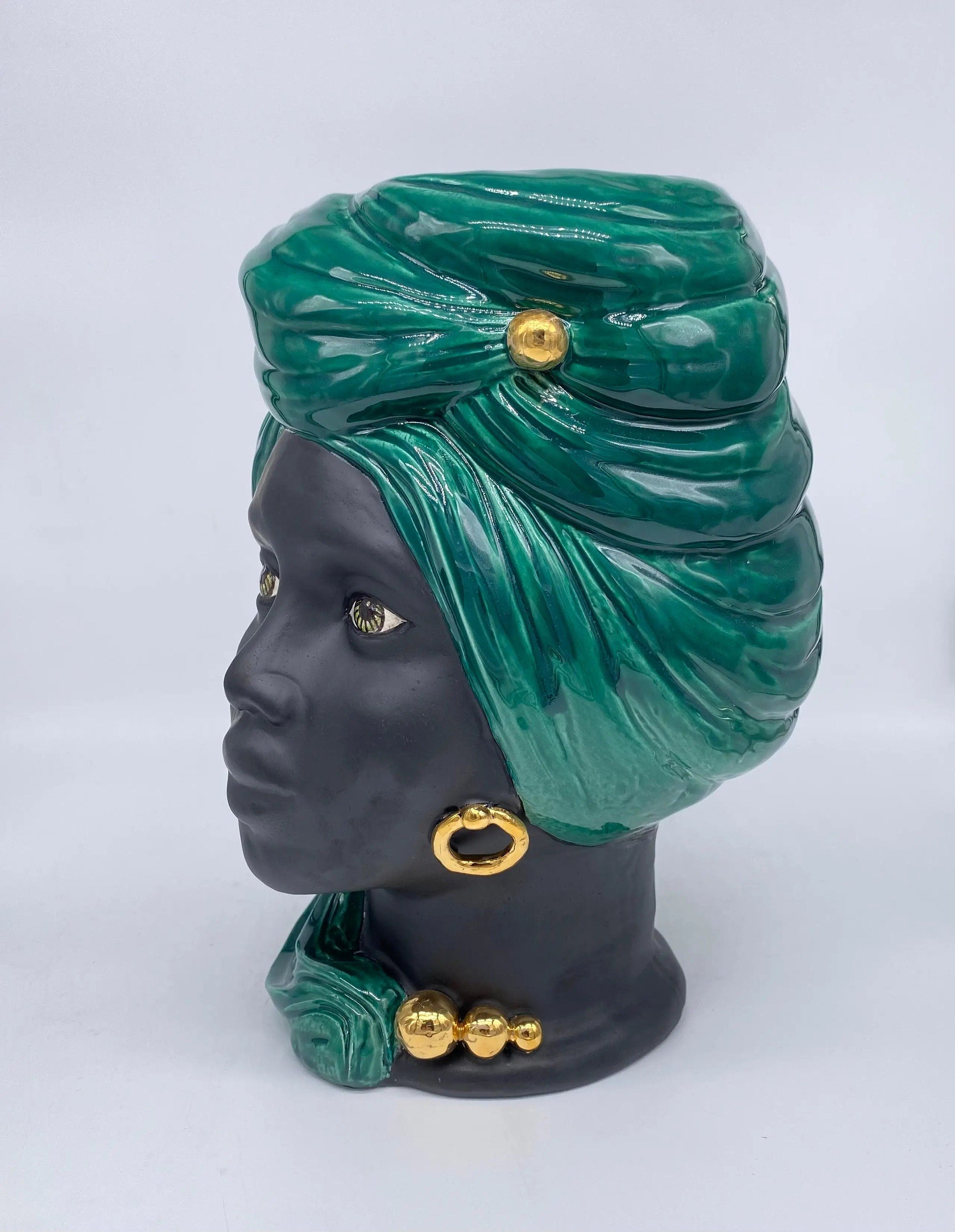 Teste di Moro Anubi Ceramica Caltagirone cm H.29 L.20 Artigianale Verde Nero Oro DD CERAMICHE SICILIANE