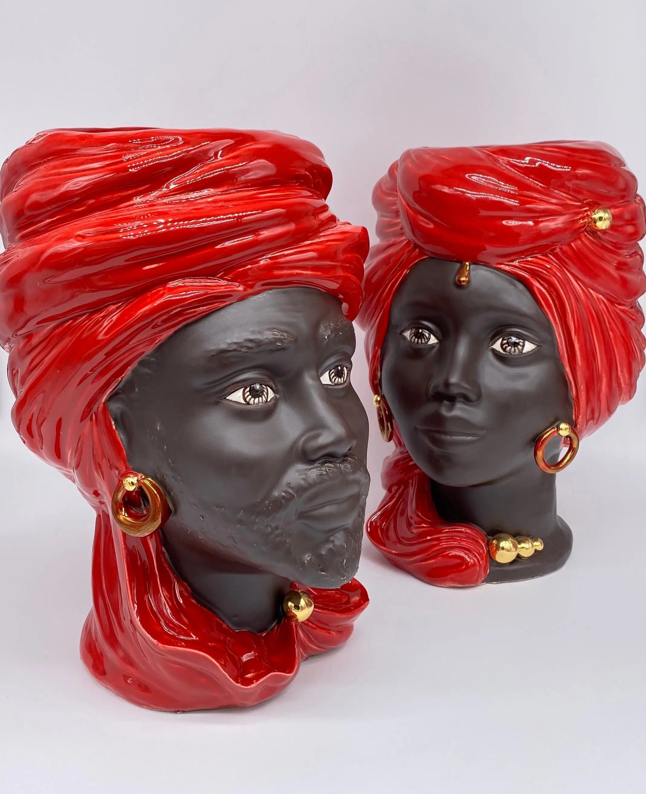 Teste di Moro Anubi Ceramica Caltagirone cm H.29 L.20 Artigianale Rosso Marrone Oro DD CERAMICHE SICILIANE