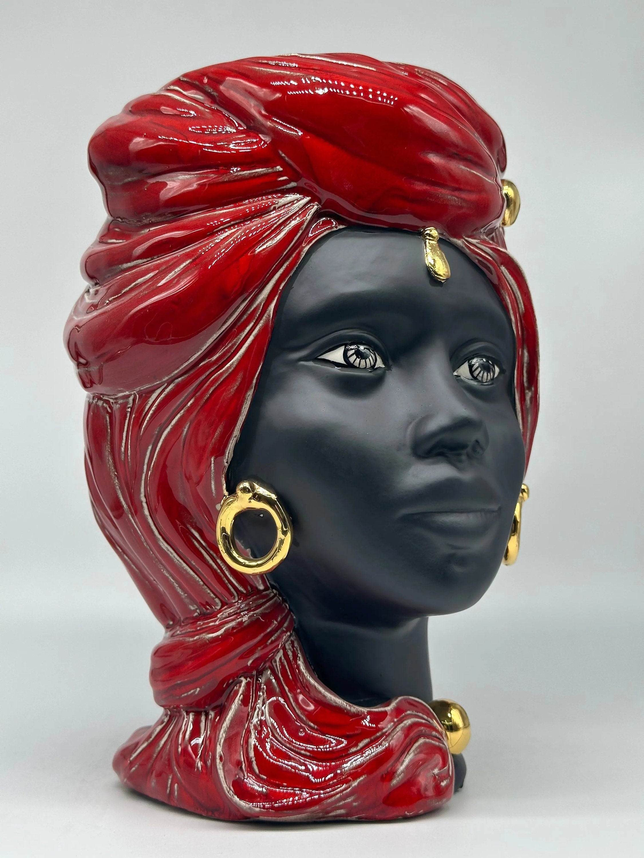 Teste di Moro Anubi Ceramica Caltagirone cm H.29 L.20 Artigianale Rosso Magma Oro DD CERAMICHE SICILIANE