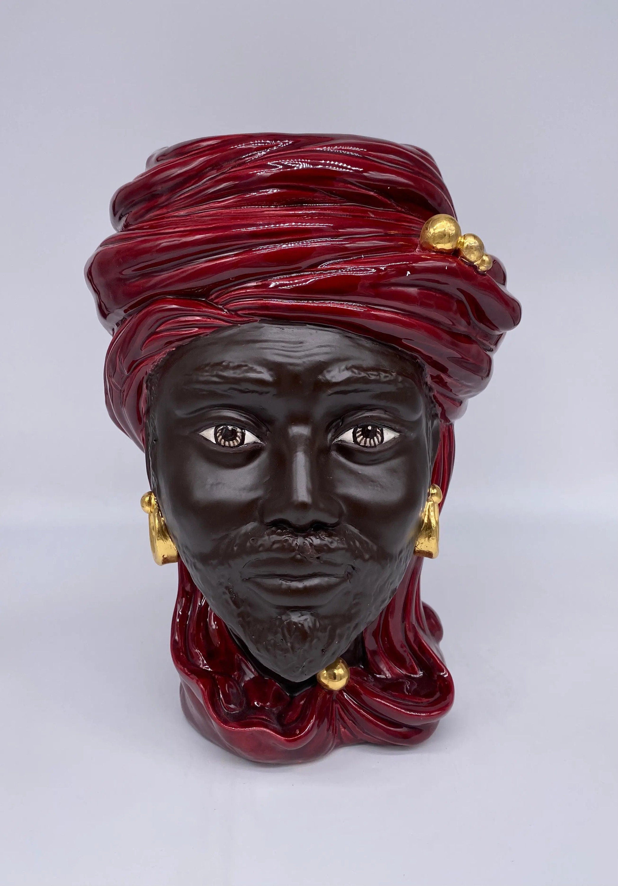 Teste di Moro Anubi Ceramica Caltagirone cm H.29 L.20 Artigianale Bordeaux Marrone Oro DD CERAMICHE SICILIANE