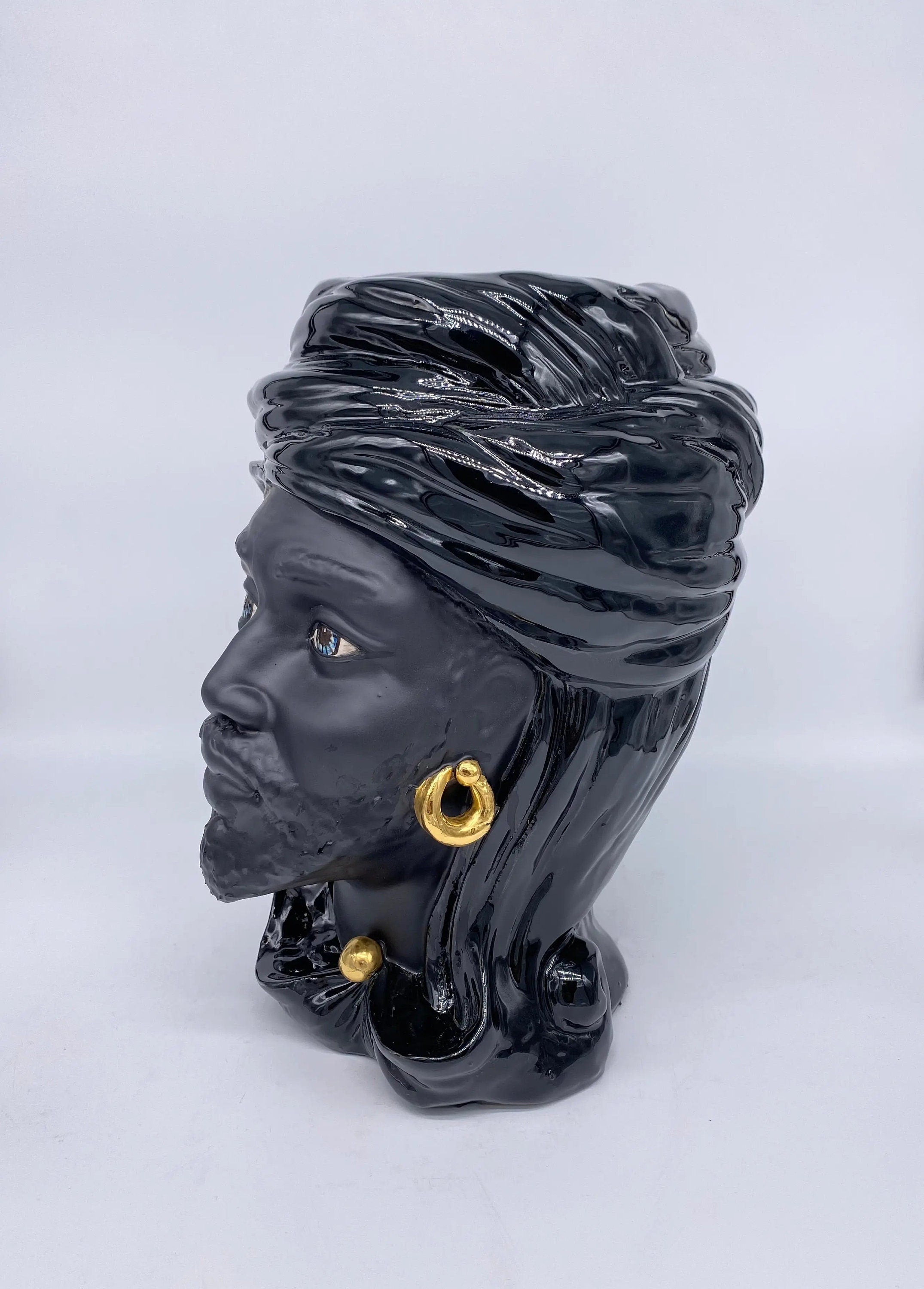 Teste di Moro Anubi Ceramica Caltagirone cm H.29 L.20 Artigianale Nero Oro DD CERAMICHE SICILIANE