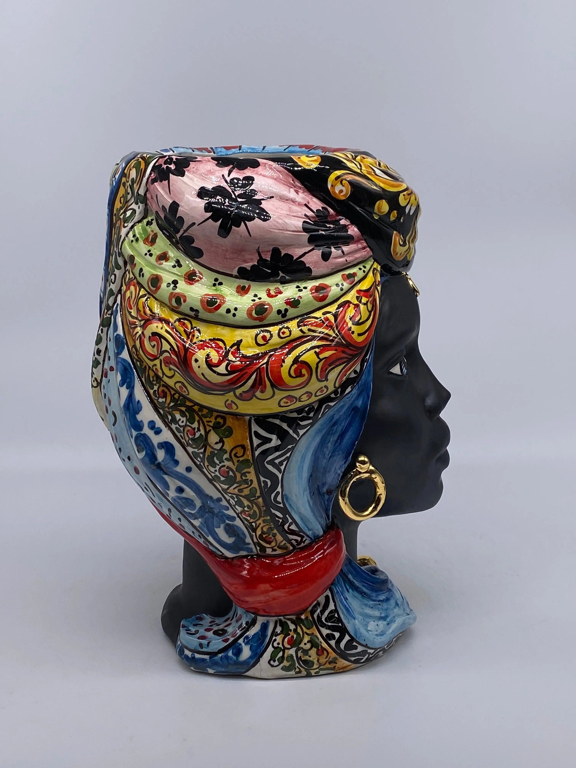 Teste di Moro Anubi Ceramica Caltagirone cm H.29 L.20 Artigianale “Carretto” DD CERAMICHE SICILIANE