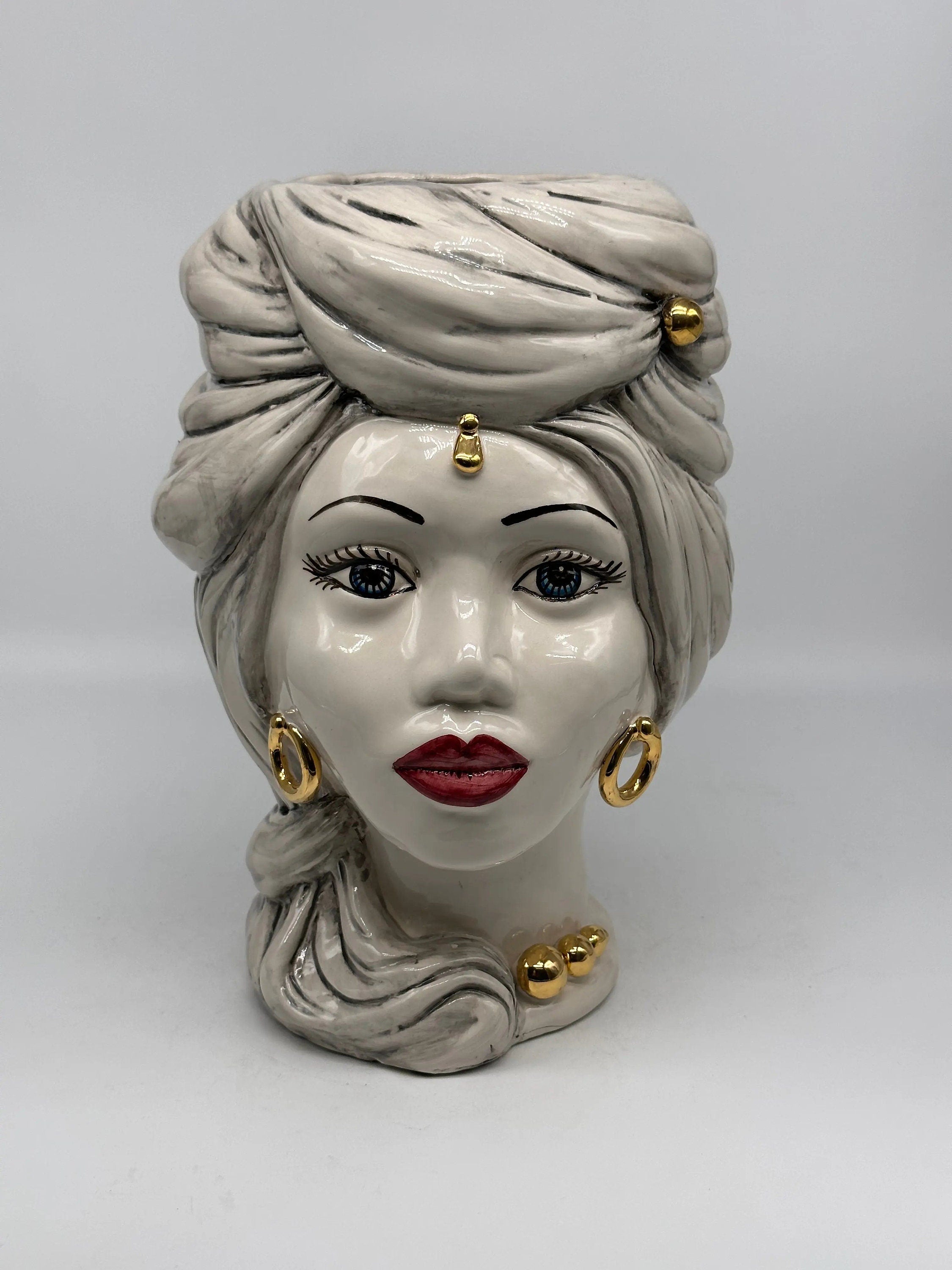 Teste di Moro Anubi Ceramica Caltagirone cm H.29 L.20 Artigianale Grigio Nero Oro DD CERAMICHE SICILIANE