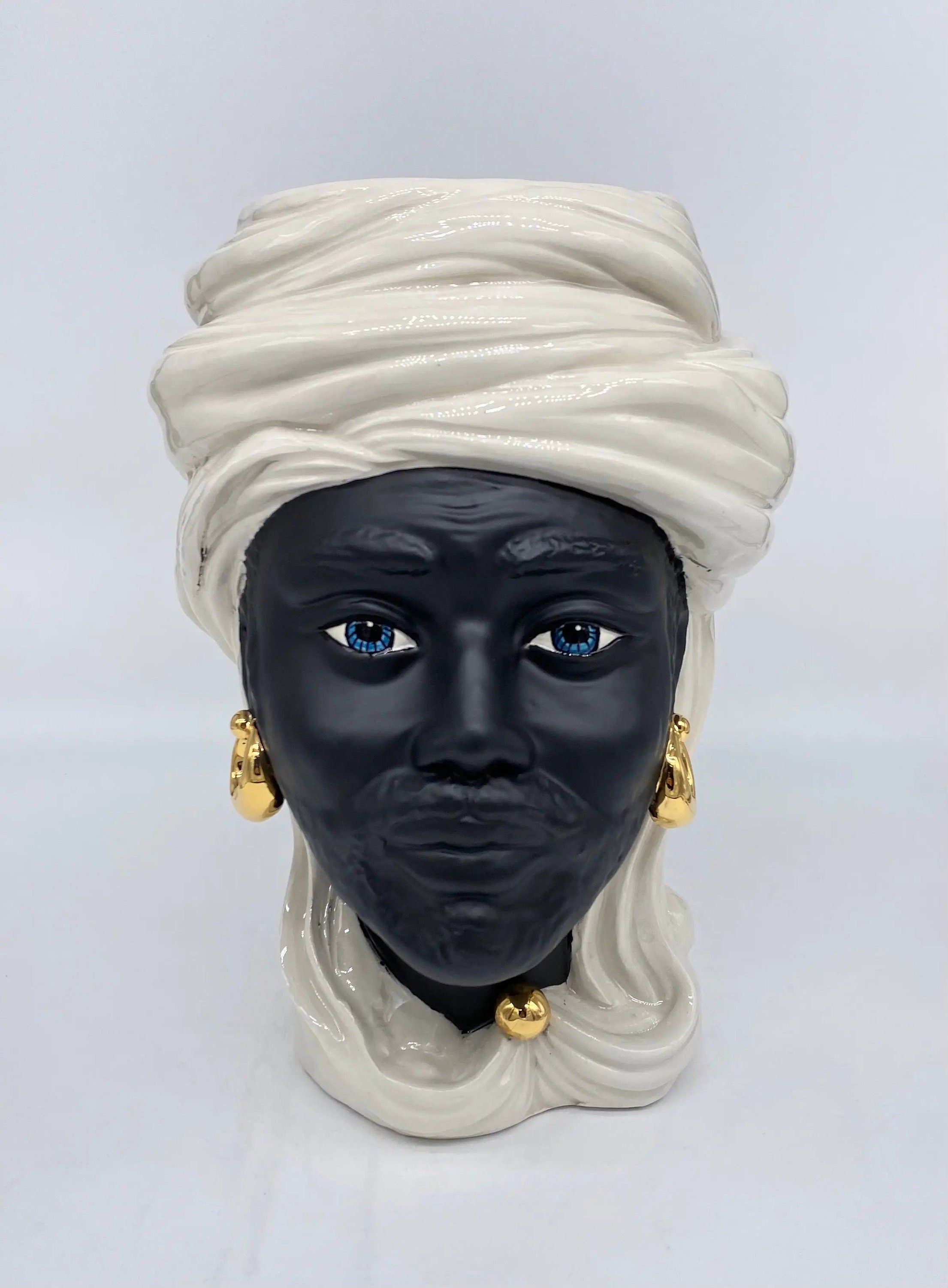 Teste di Moro Anubi Ceramica Caltagirone cm H.29 L.20 Artigianale Bianco Nero Oro DD CERAMICHE SICILIANE