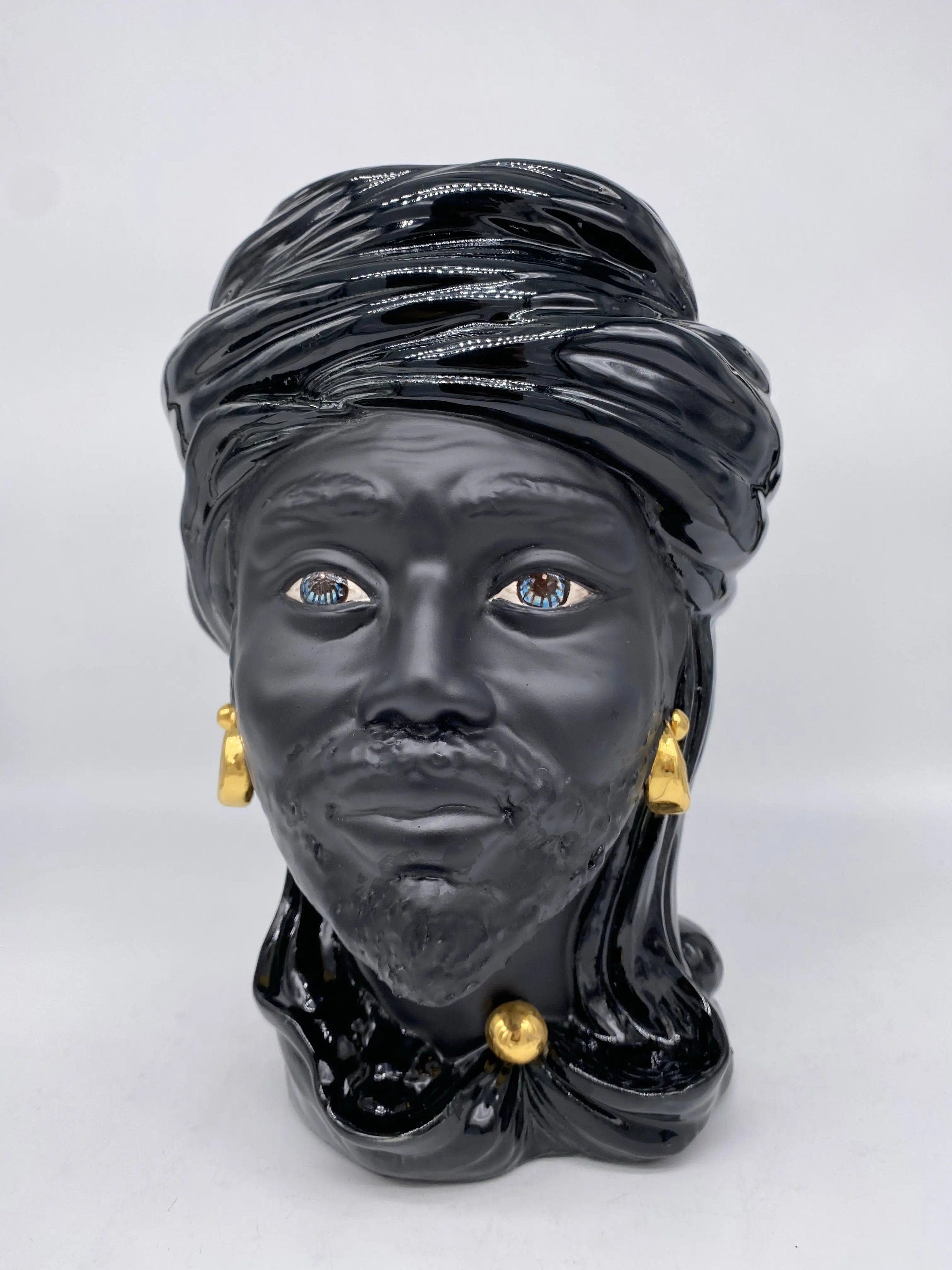 Teste di Moro Anubi Ceramica Caltagirone cm H.29 L.20 Artigianale Nero Oro DD CERAMICHE SICILIANE