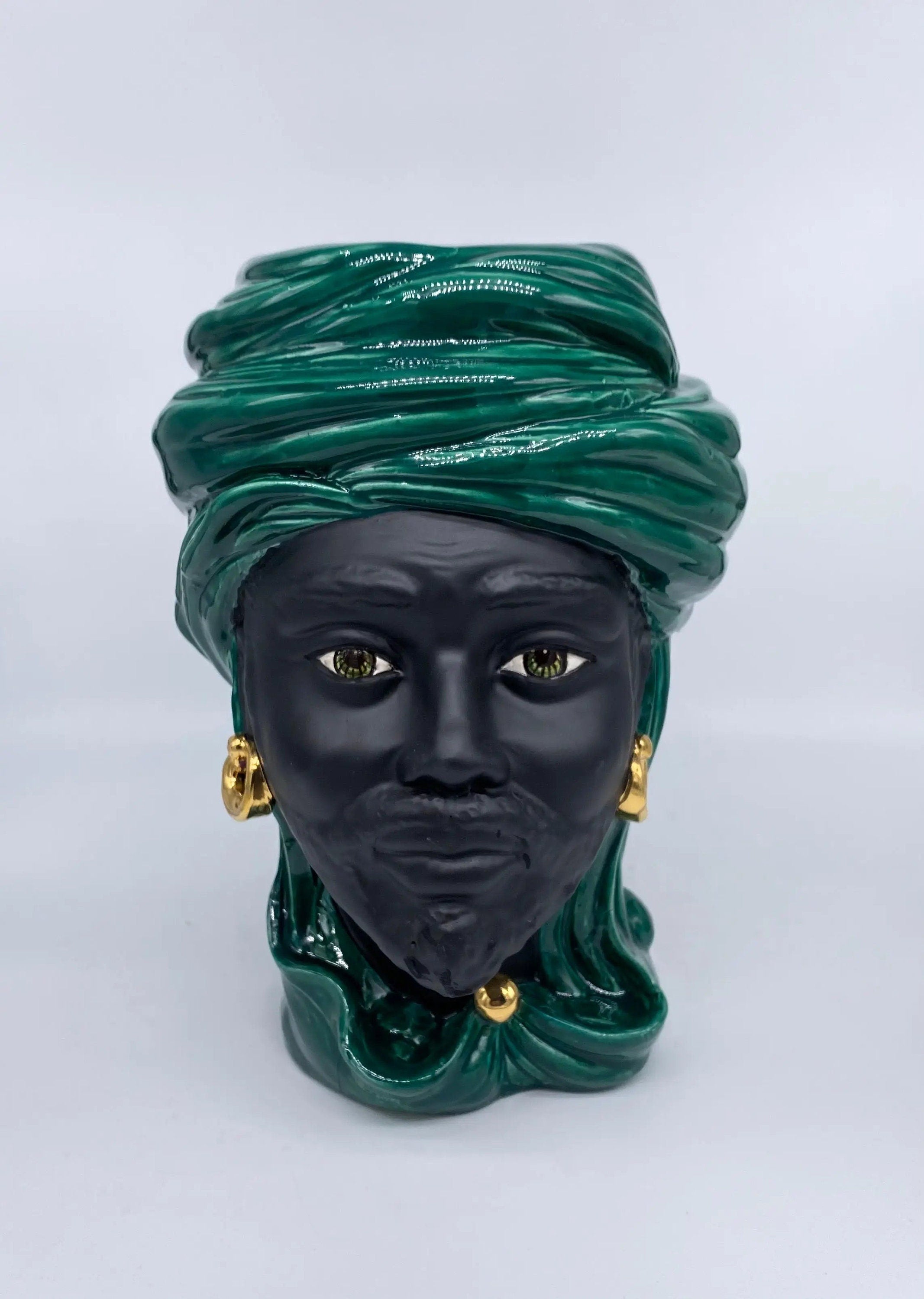 Teste di Moro Anubi Ceramica Caltagirone cm H.29 L.20 Artigianale Verde Nero Oro DD CERAMICHE SICILIANE