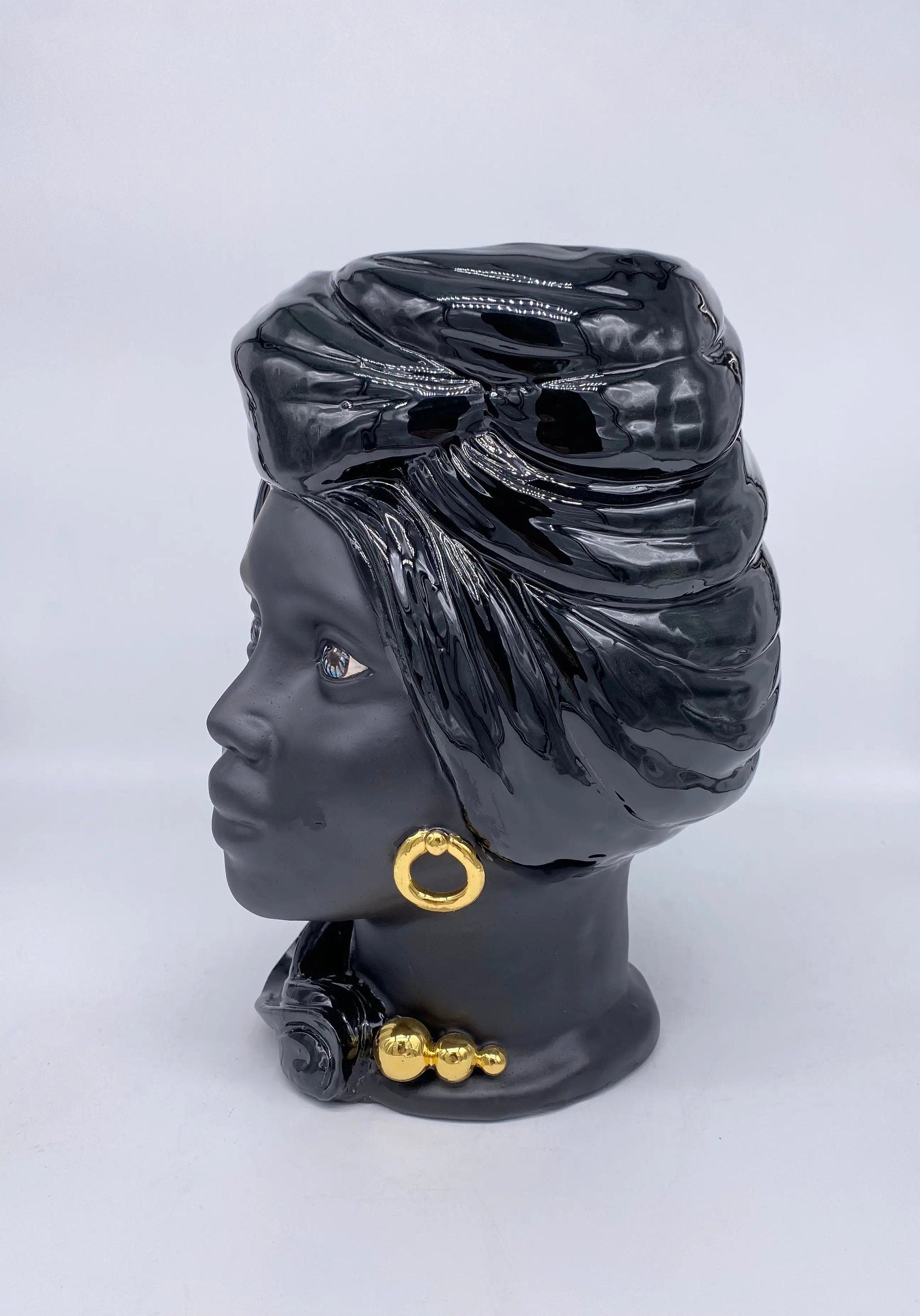 Teste di Moro Anubi Ceramica Caltagirone cm H.29 L.20 Artigianale Nero Oro DD CERAMICHE SICILIANE