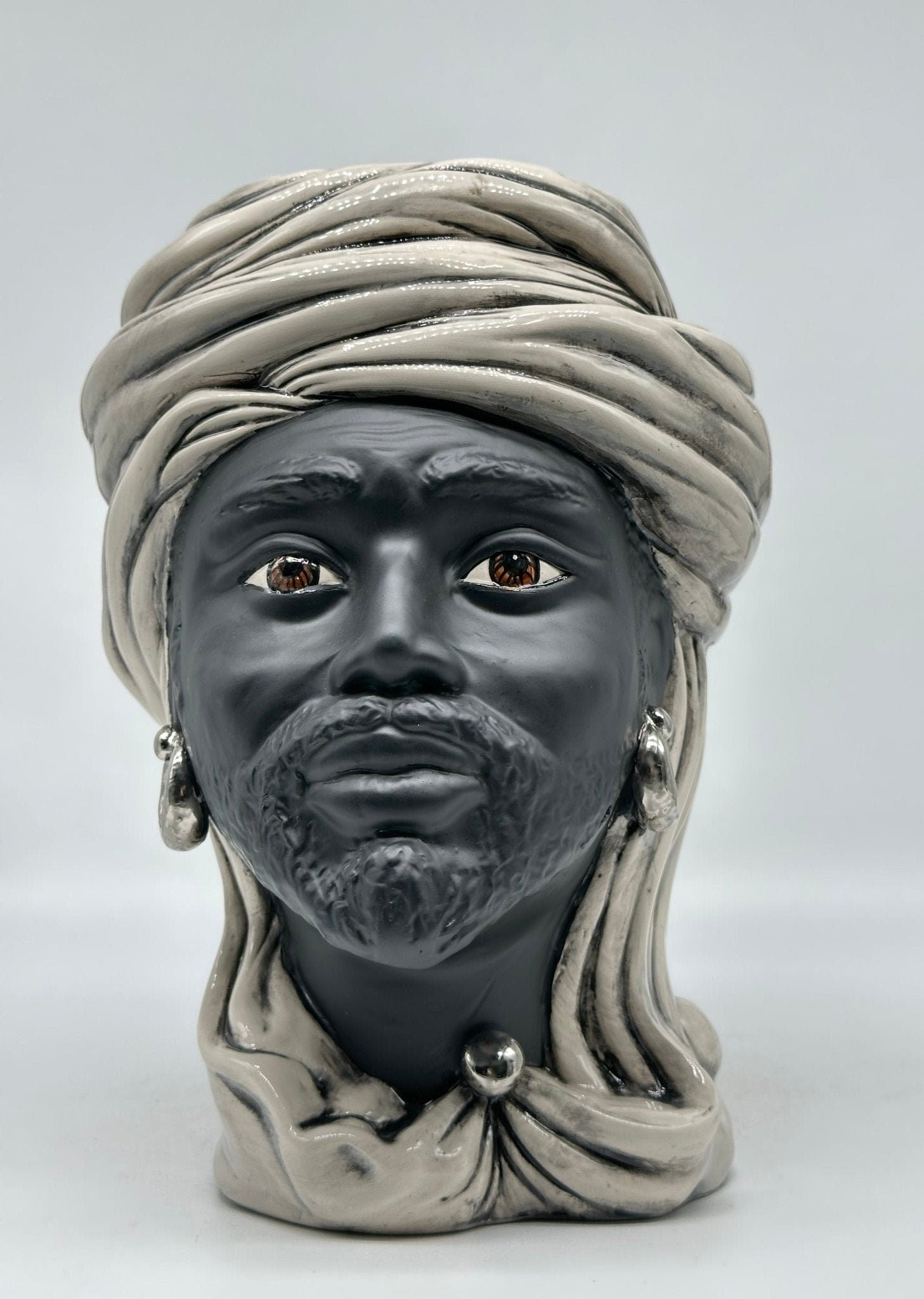 Teste di Moro Anubi Ceramica Caltagirone cm H.29 L.20 Artigianale Ghiaccio Nero Platino - DD CERAMICHE SICILIANE