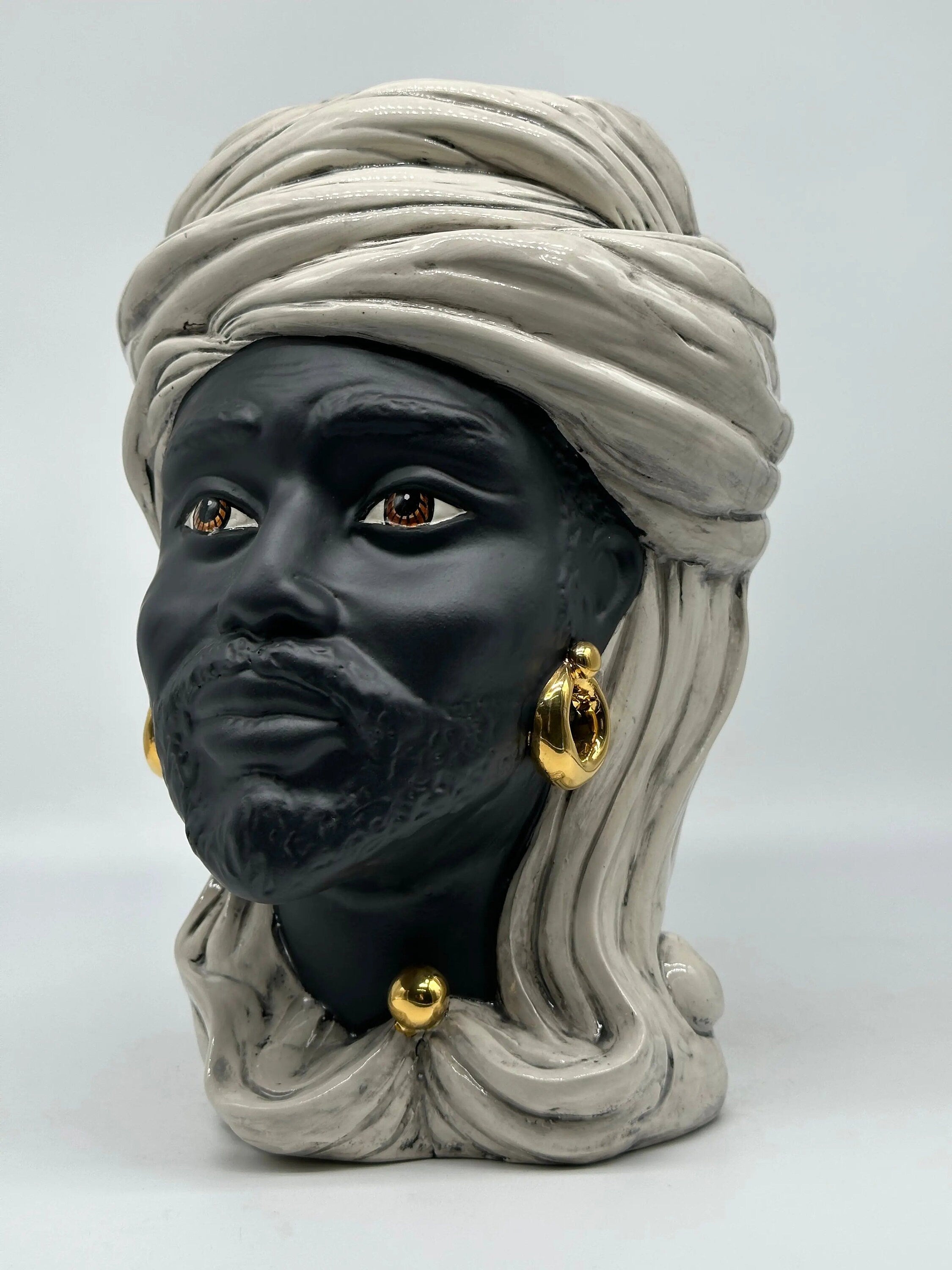 Teste di Moro Anubi Ceramica Caltagirone cm H.29 L.20 Artigianale Grigio Nero Oro DD CERAMICHE SICILIANE