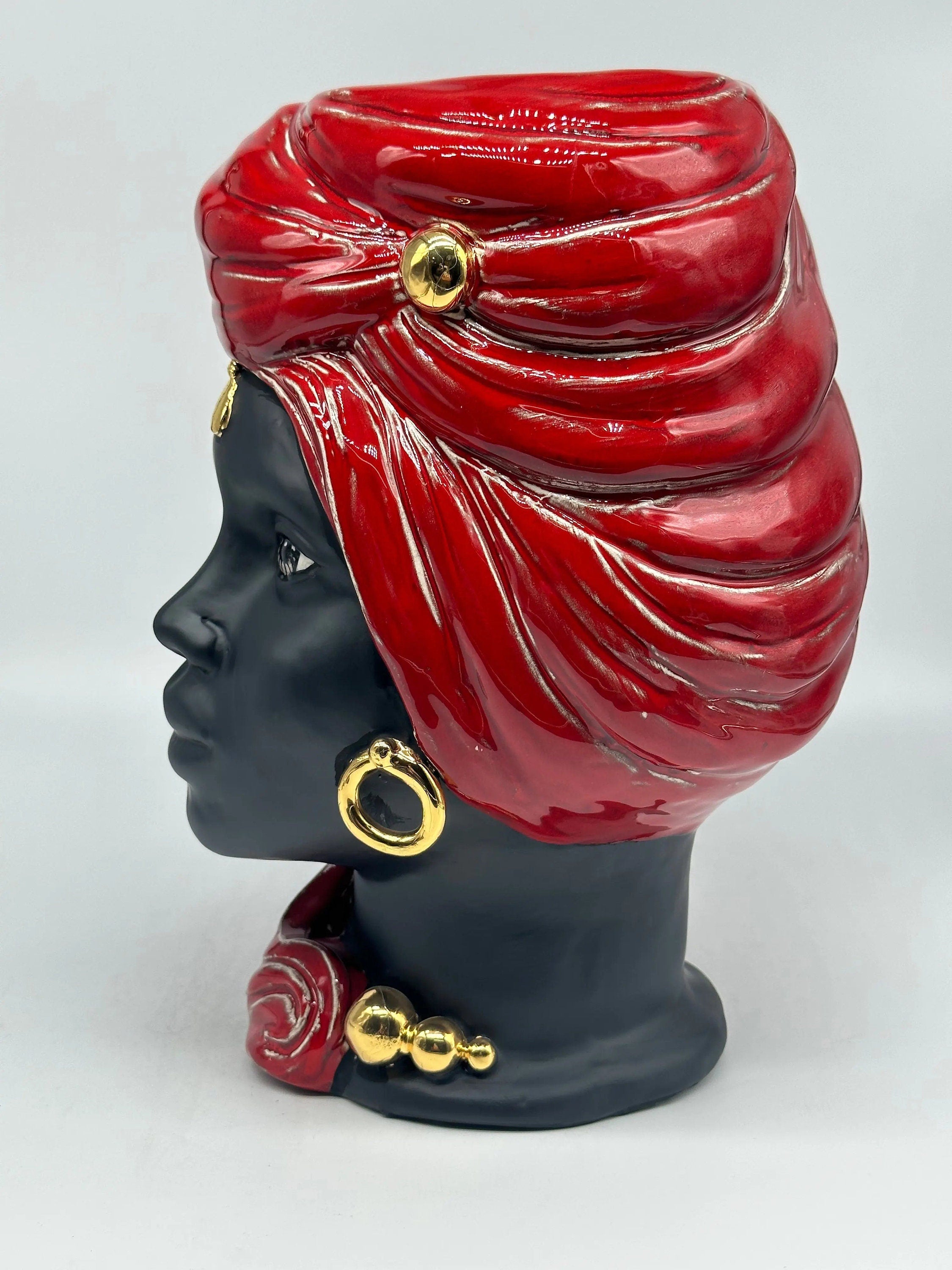 Teste di Moro Anubi Ceramica Caltagirone cm H.29 L.20 Artigianale Rosso Magma Oro DD CERAMICHE SICILIANE