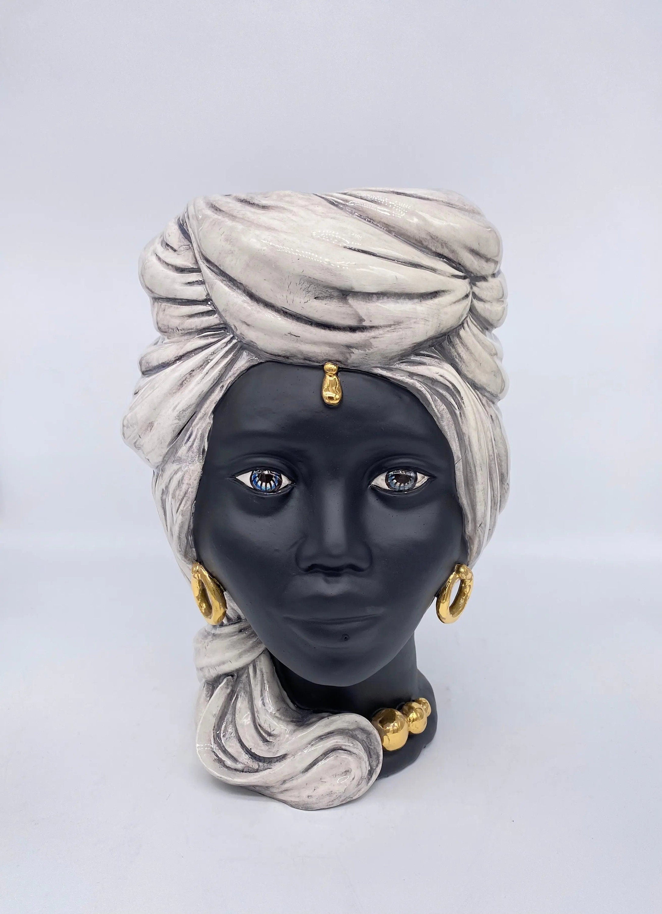 Teste di Moro Anubi Ceramica Caltagirone cm H.29 L.20 Artigianale Ghiaccio Nero Oro DD CERAMICHE SICILIANE