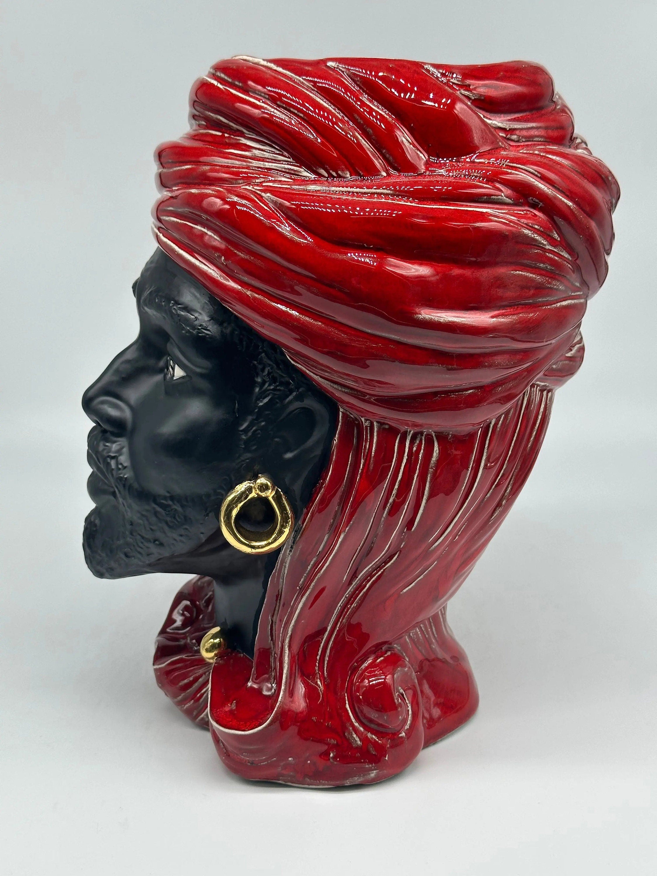 Teste di Moro Anubi Ceramica Caltagirone cm H.29 L.20 Artigianale Rosso Magma Oro DD CERAMICHE SICILIANE