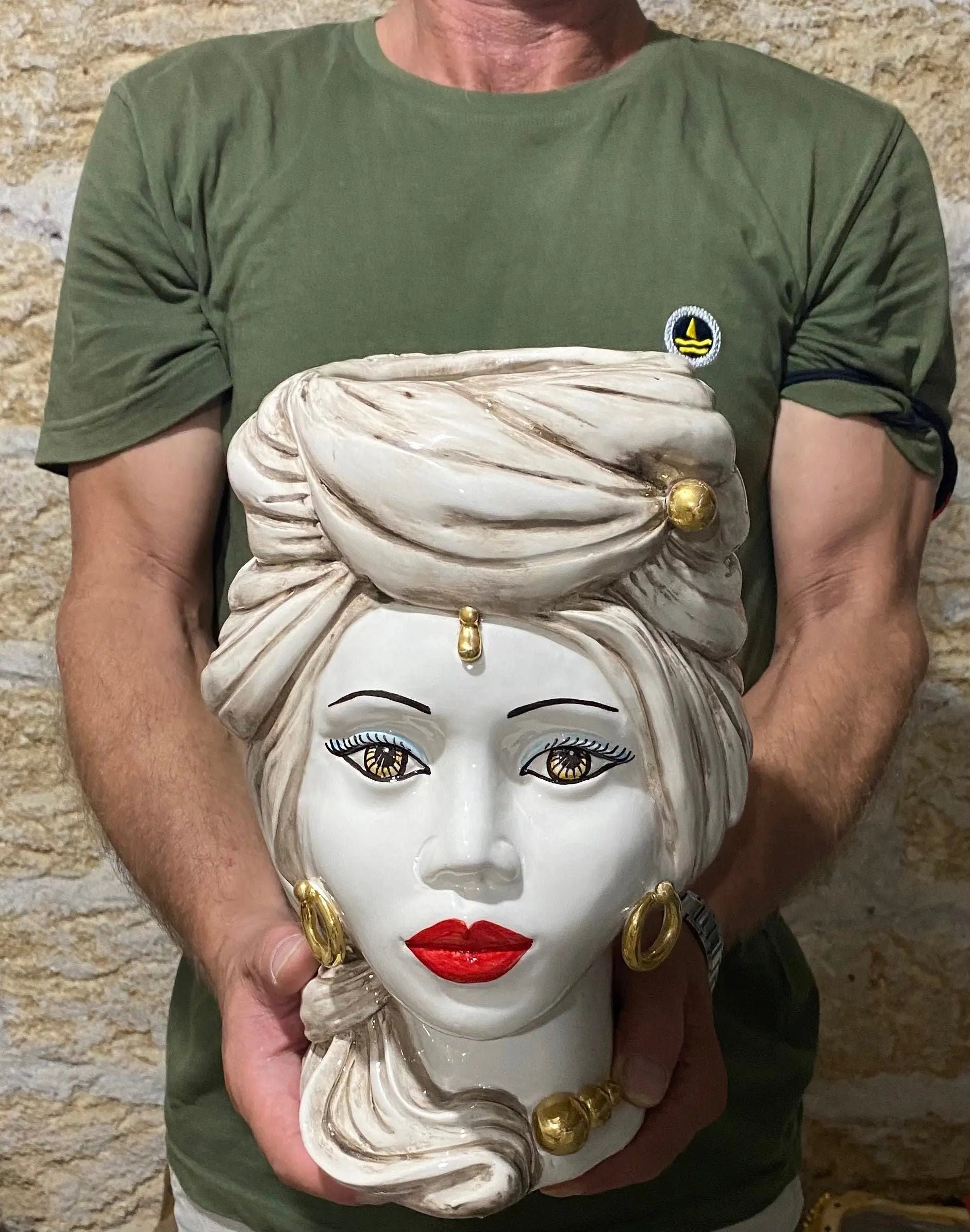 Teste di Moro Anubi Ceramica Caltagirone cm H.29 L.20 Artigianale Écru Beige Oro DD CERAMICHE SICILIANE